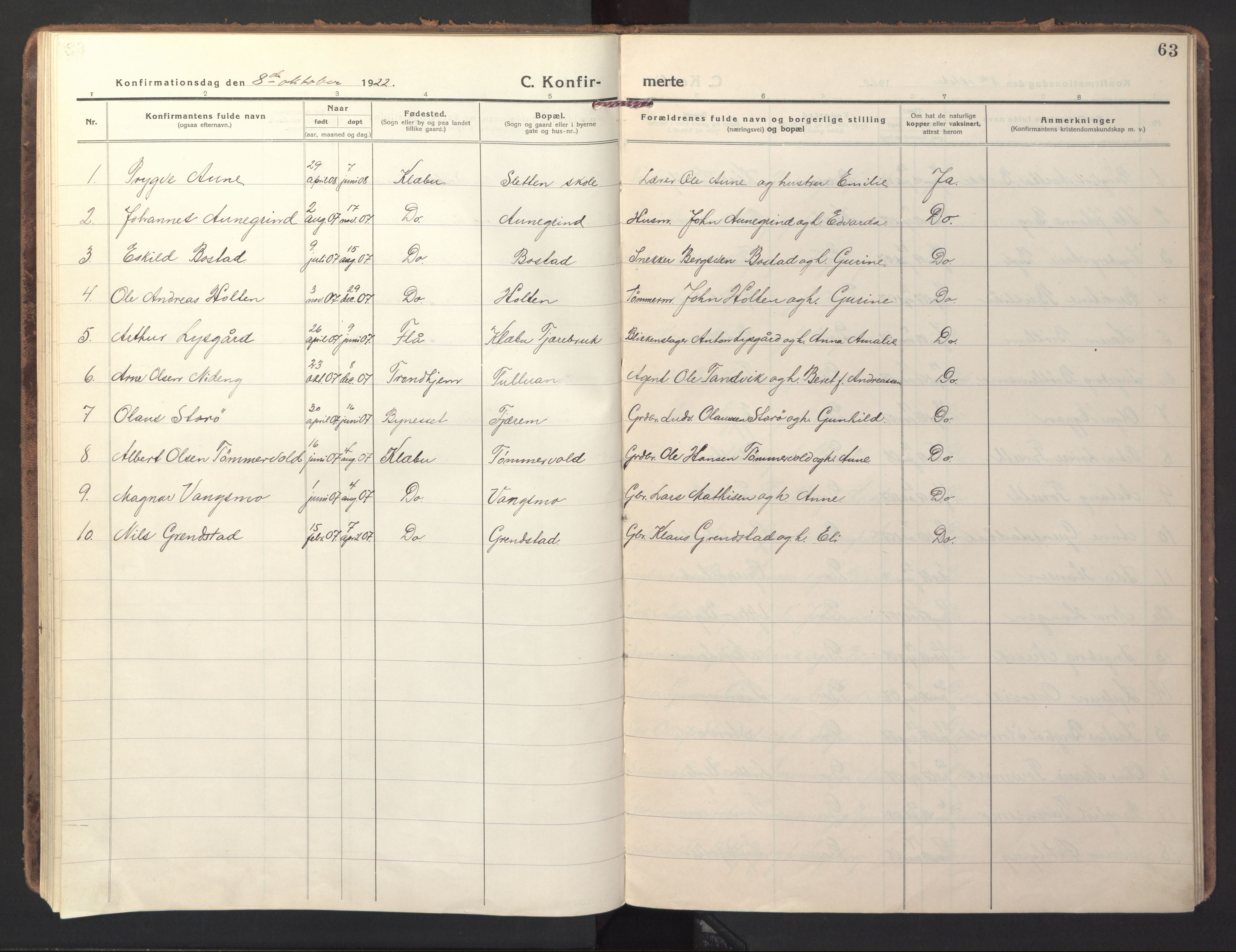 Ministerialprotokoller, klokkerbøker og fødselsregistre - Sør-Trøndelag, SAT/A-1456/618/L0449: Parish register (official) no. 618A12, 1917-1924, p. 63