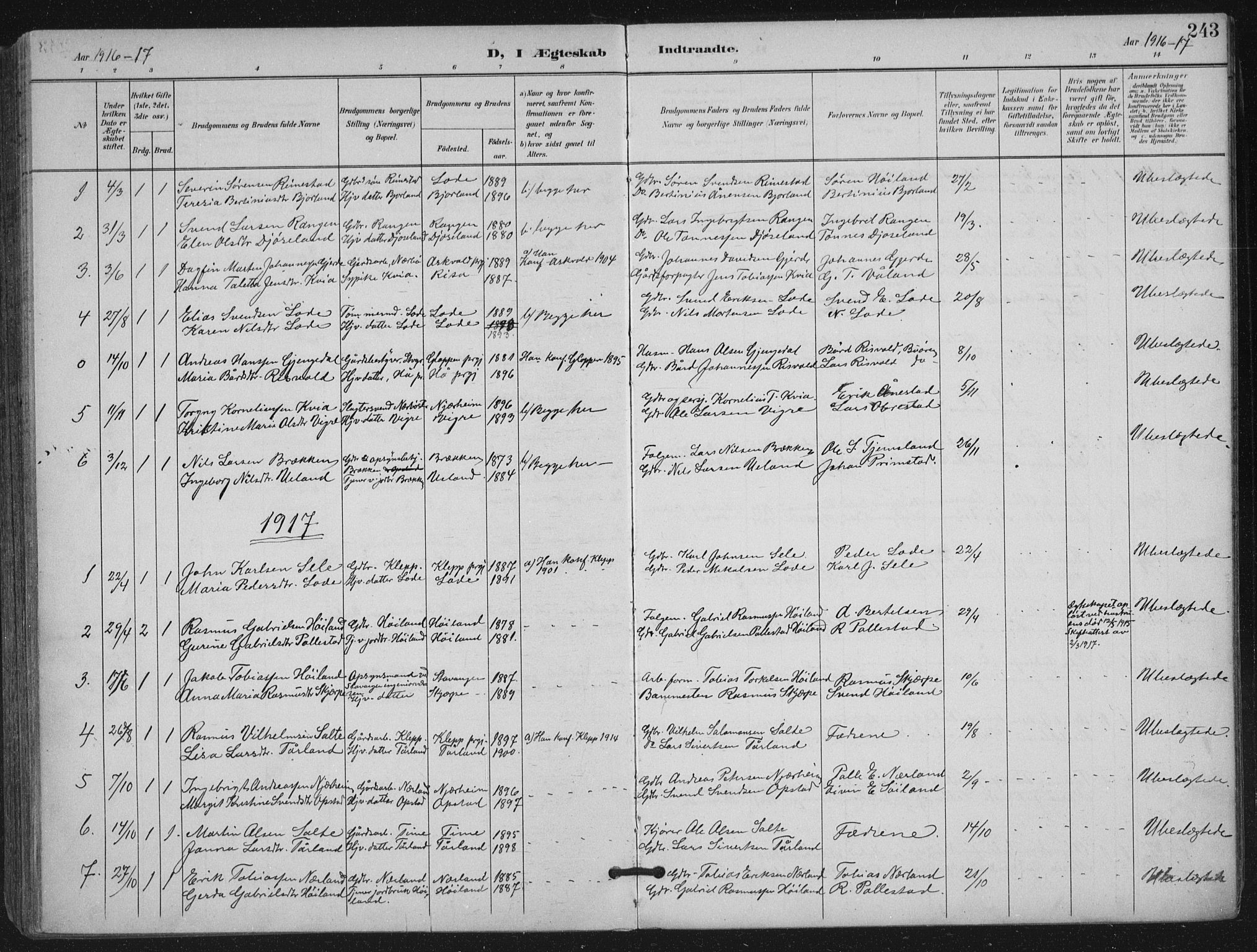 Hå sokneprestkontor, AV/SAST-A-101801/001/30BA/L0012: Parish register (official) no. A 11, 1897-1924, p. 243