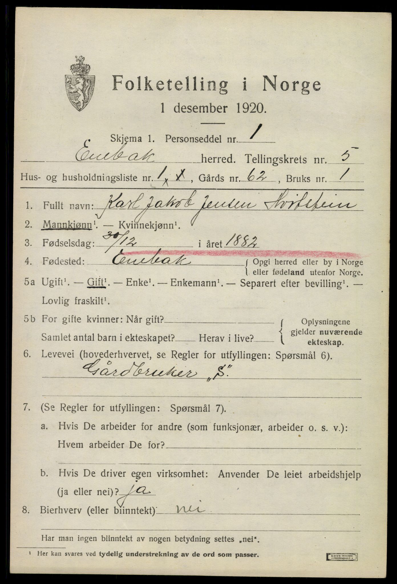 SAO, 1920 census for Enebakk, 1920, p. 4053