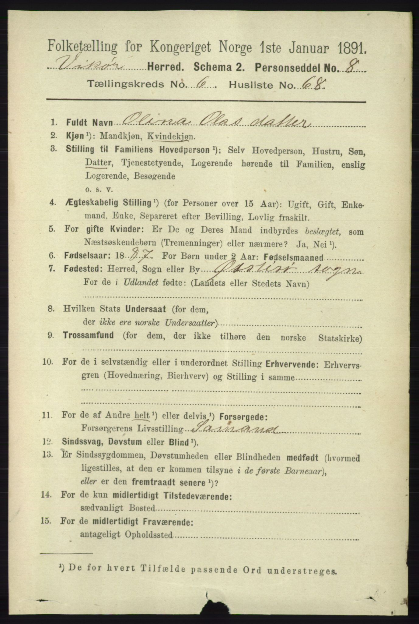 RA, 1891 census for 1238 Vikør, 1891, p. 2196