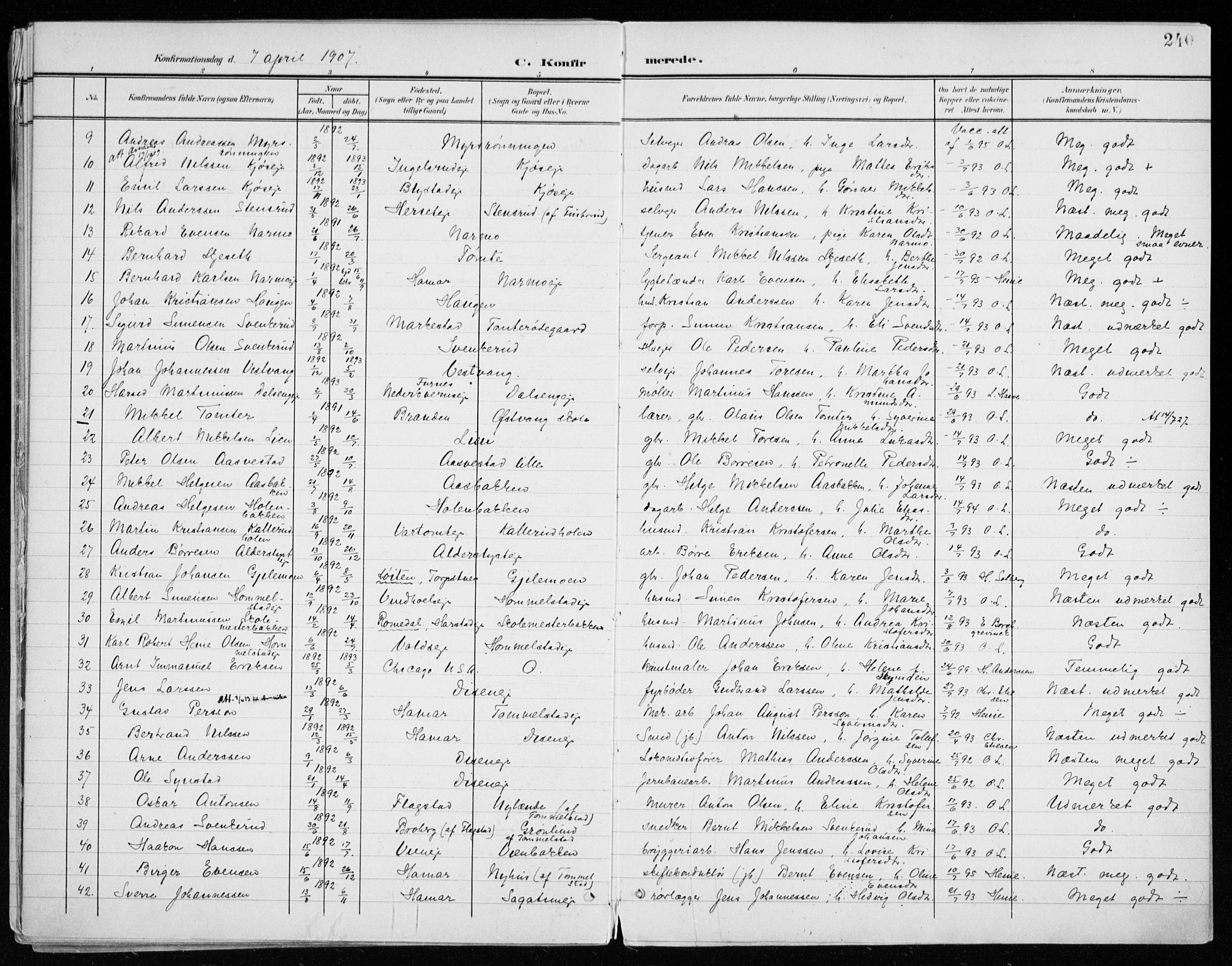 Vang prestekontor, Hedmark, AV/SAH-PREST-008/H/Ha/Haa/L0021: Parish register (official) no. 21, 1902-1917, p. 240