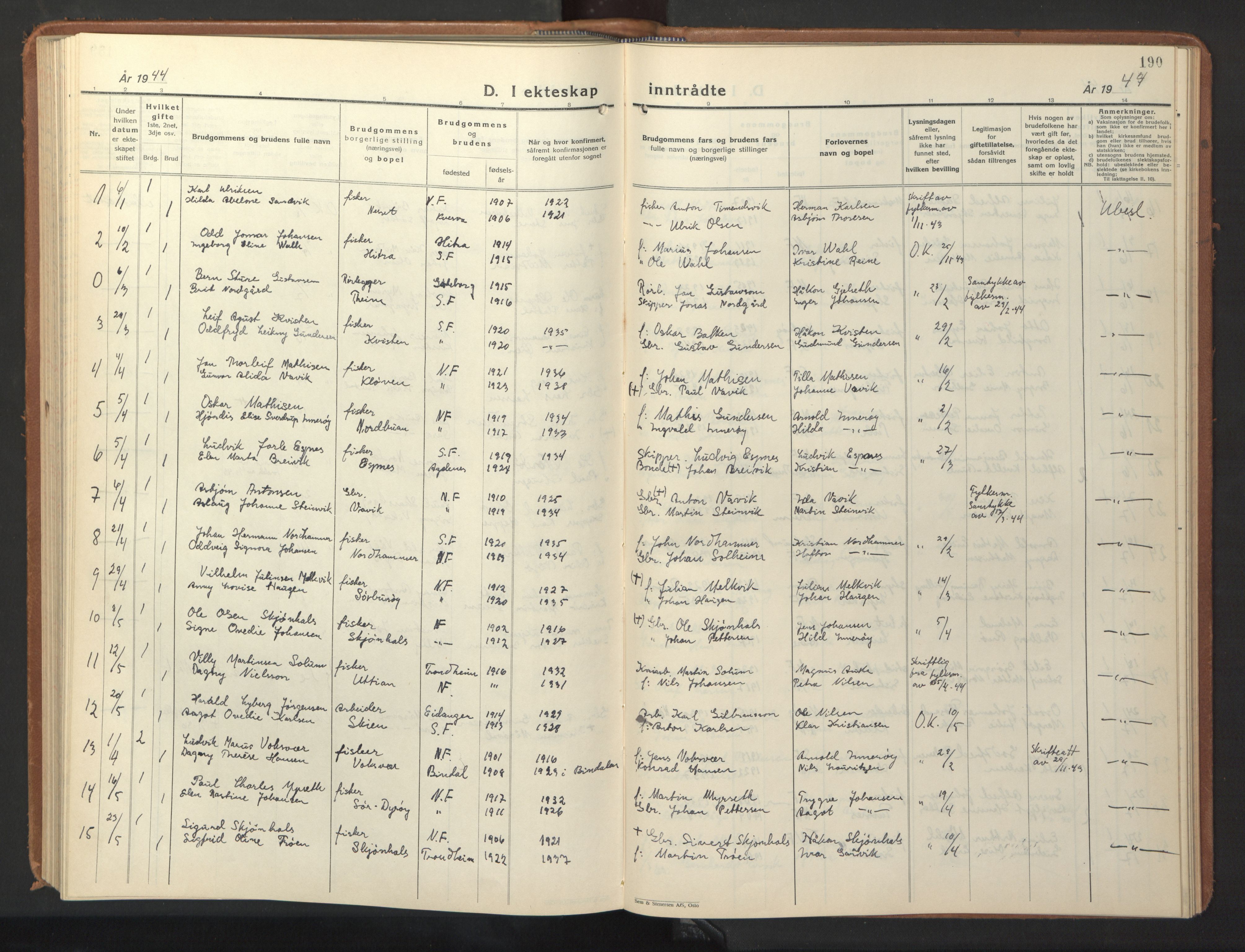 Ministerialprotokoller, klokkerbøker og fødselsregistre - Sør-Trøndelag, SAT/A-1456/640/L0590: Parish register (copy) no. 640C07, 1935-1948, p. 190