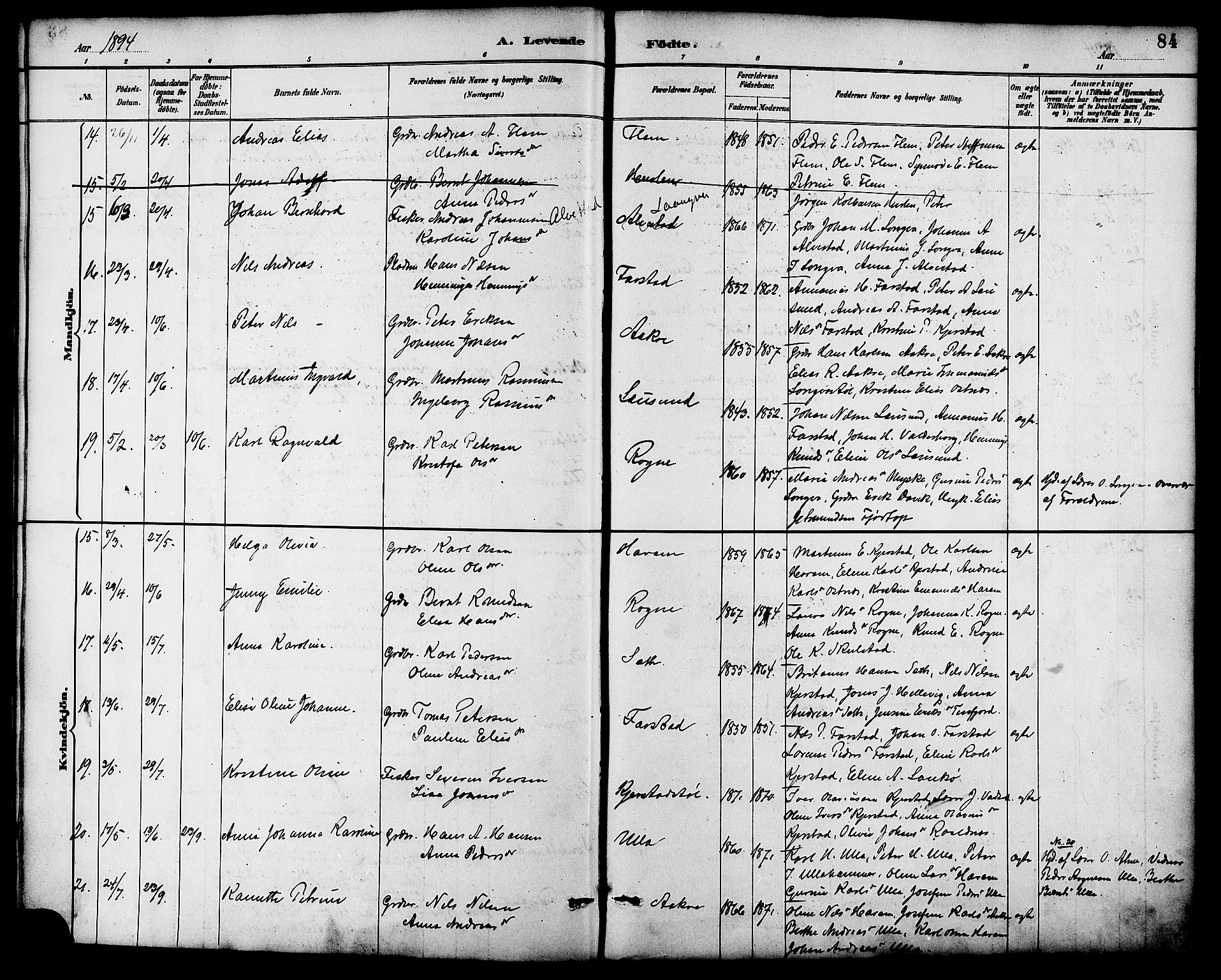 Ministerialprotokoller, klokkerbøker og fødselsregistre - Møre og Romsdal, AV/SAT-A-1454/536/L0501: Parish register (official) no. 536A10, 1884-1896, p. 84