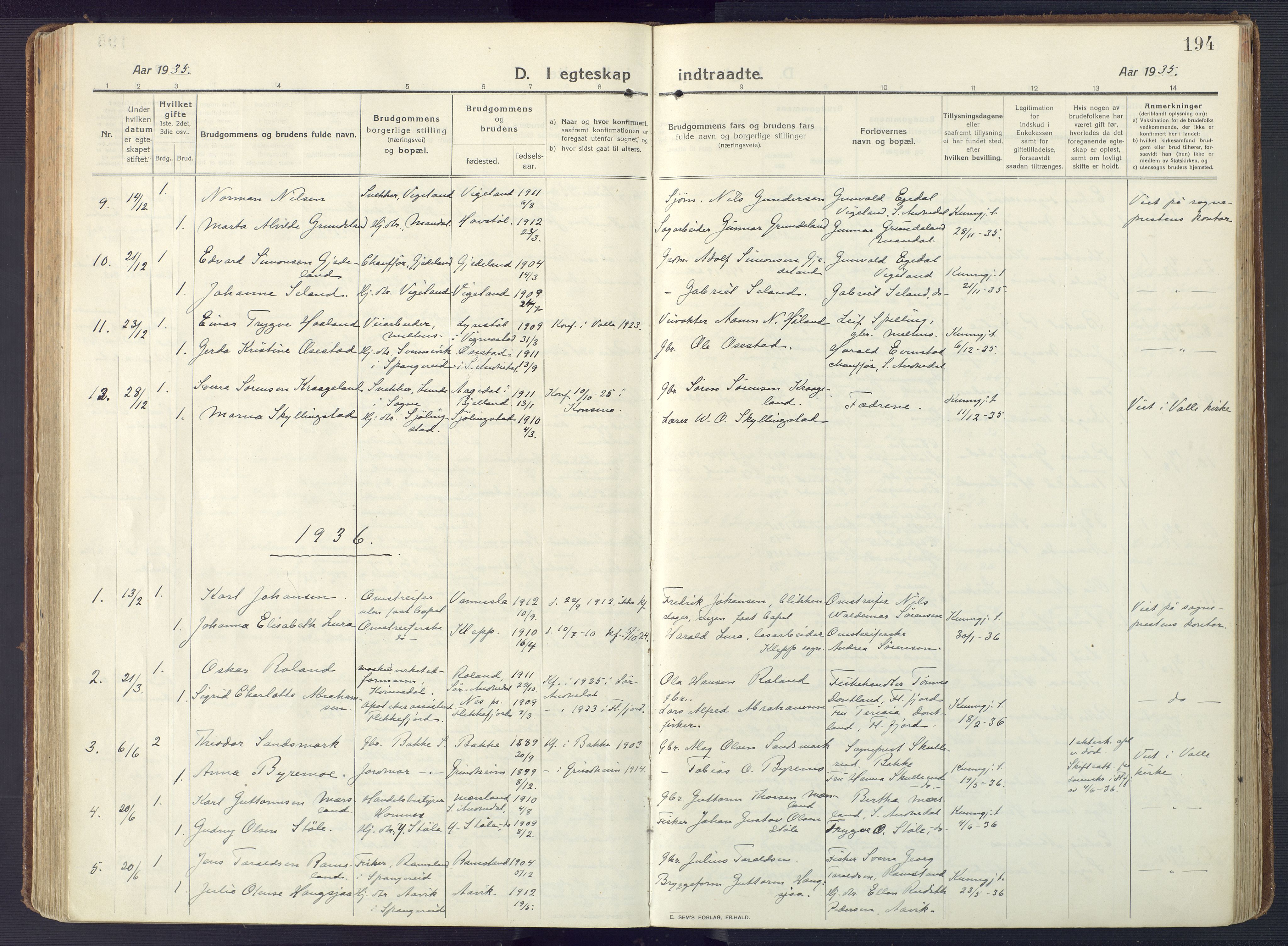 Sør-Audnedal sokneprestkontor, AV/SAK-1111-0039/F/Fa/Fab/L0011: Parish register (official) no. A 11, 1912-1938, p. 194