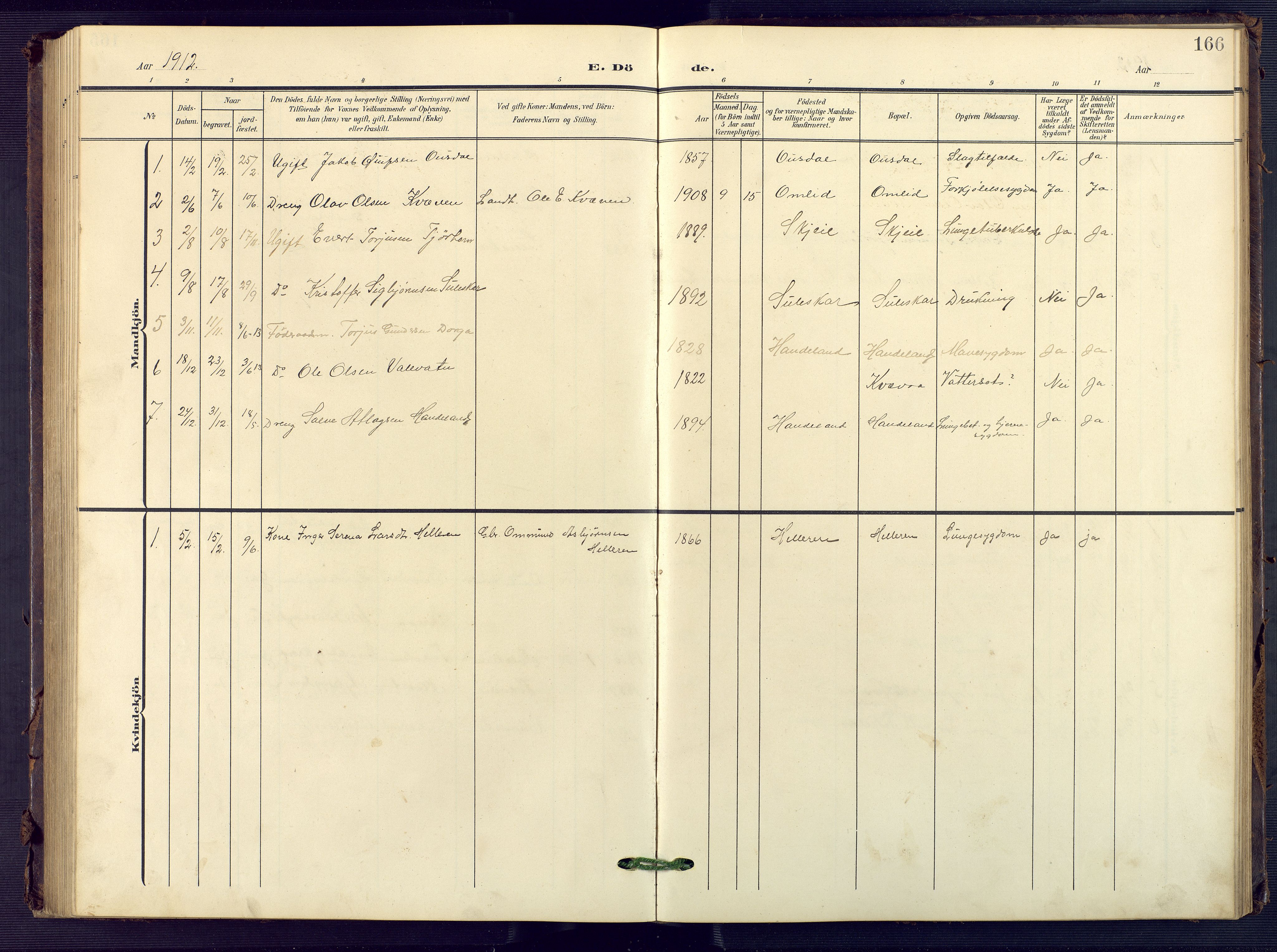Sirdal sokneprestkontor, SAK/1111-0036/F/Fb/Fba/L0002: Parish register (copy) no. B 2, 1905-1958, p. 166