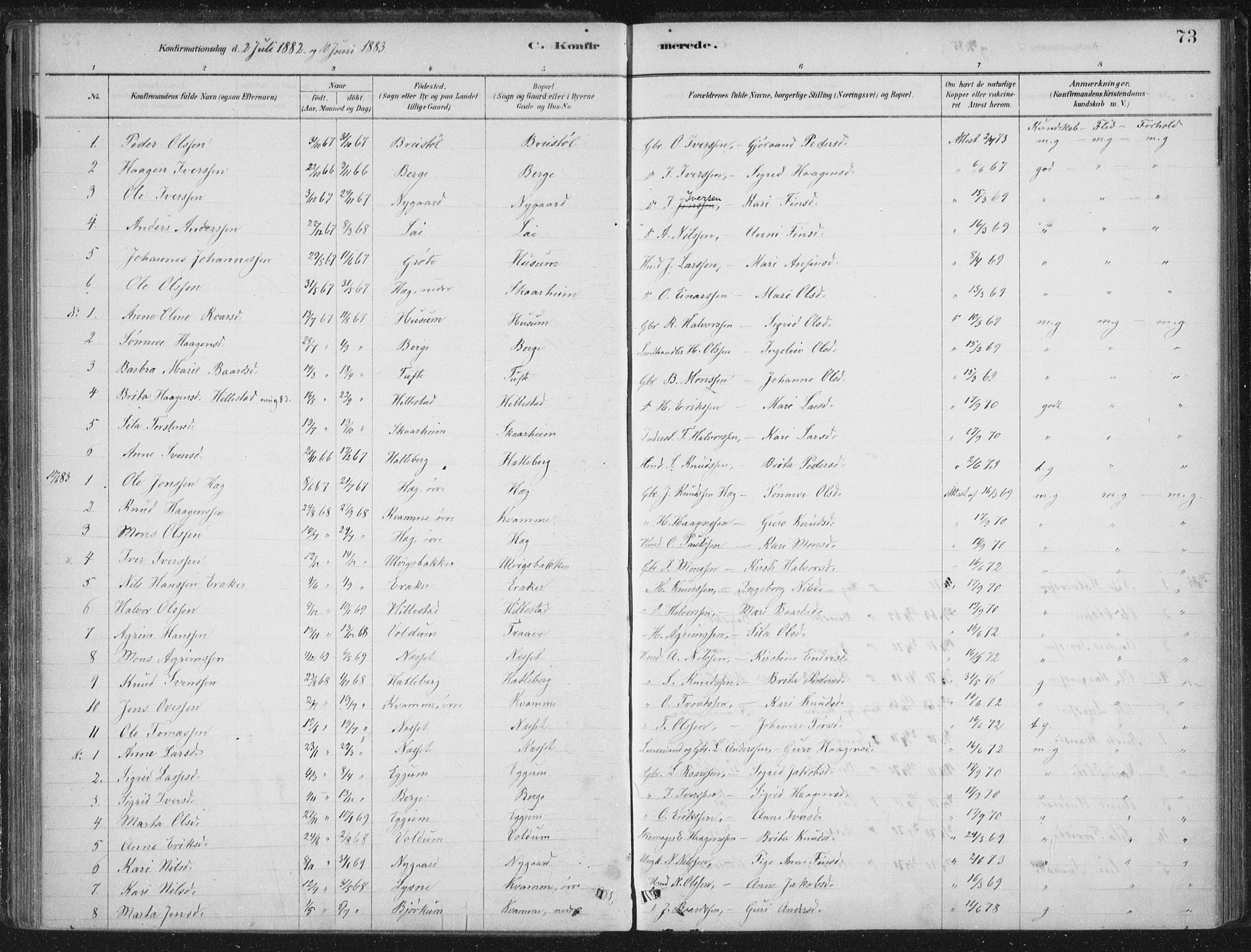 Lærdal sokneprestembete, SAB/A-81201: Parish register (official) no. C  1, 1878-1911, p. 73