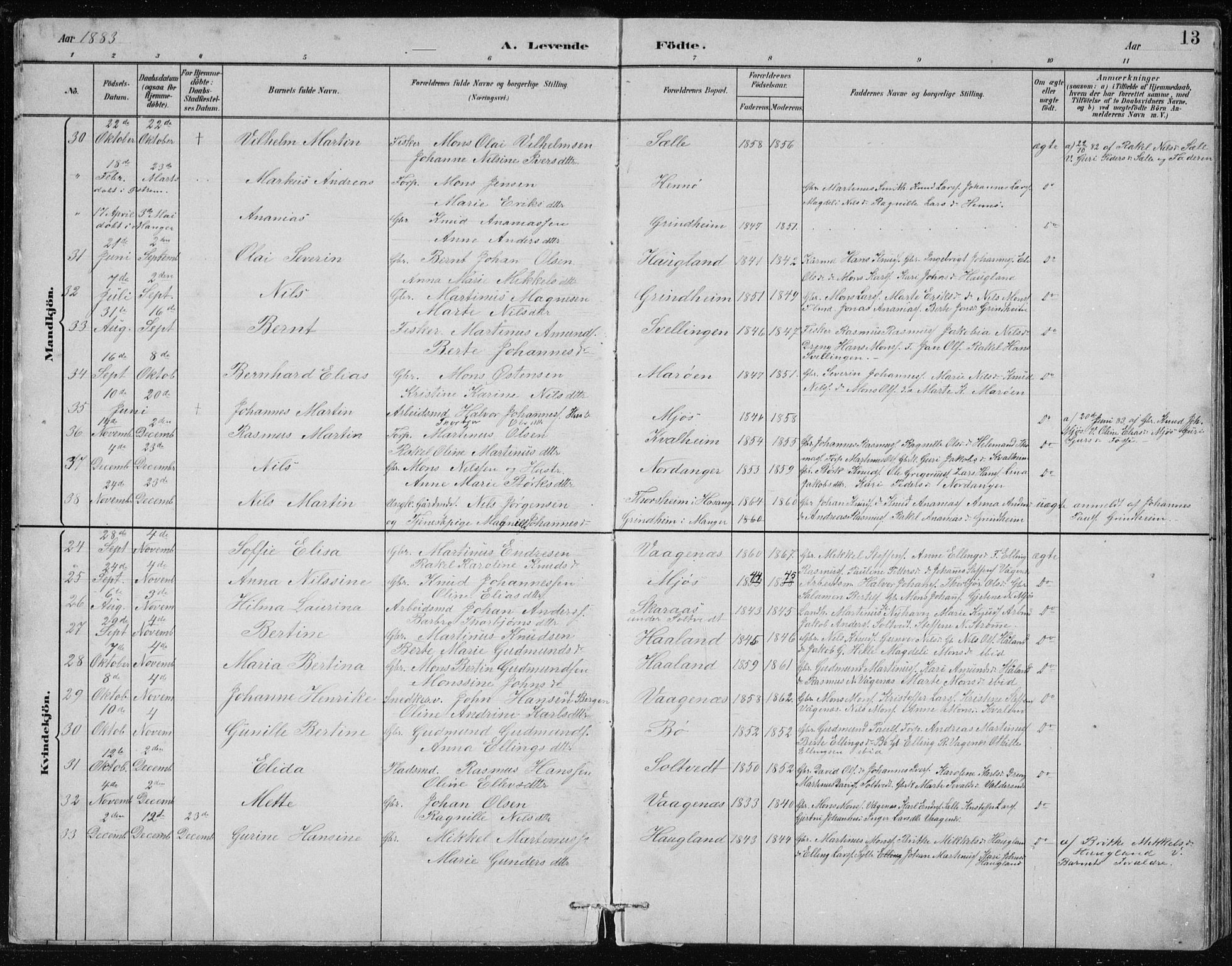 Manger sokneprestembete, SAB/A-76801/H/Hab: Parish register (copy) no. B 2, 1882-1890, p. 13