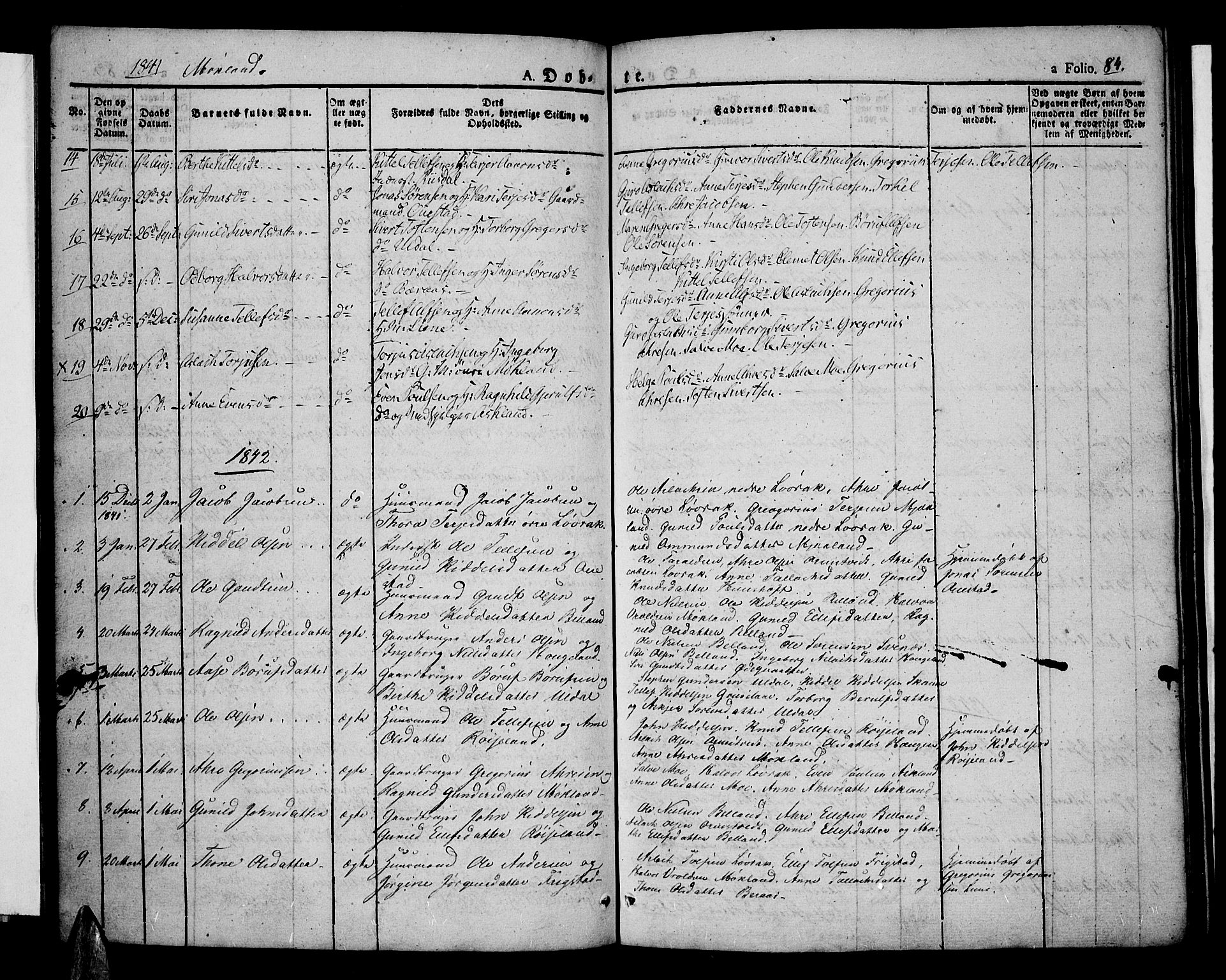 Åmli sokneprestkontor, SAK/1111-0050/F/Fa/Fac/L0007: Parish register (official) no. A 7 /2, 1829-1851, p. 84