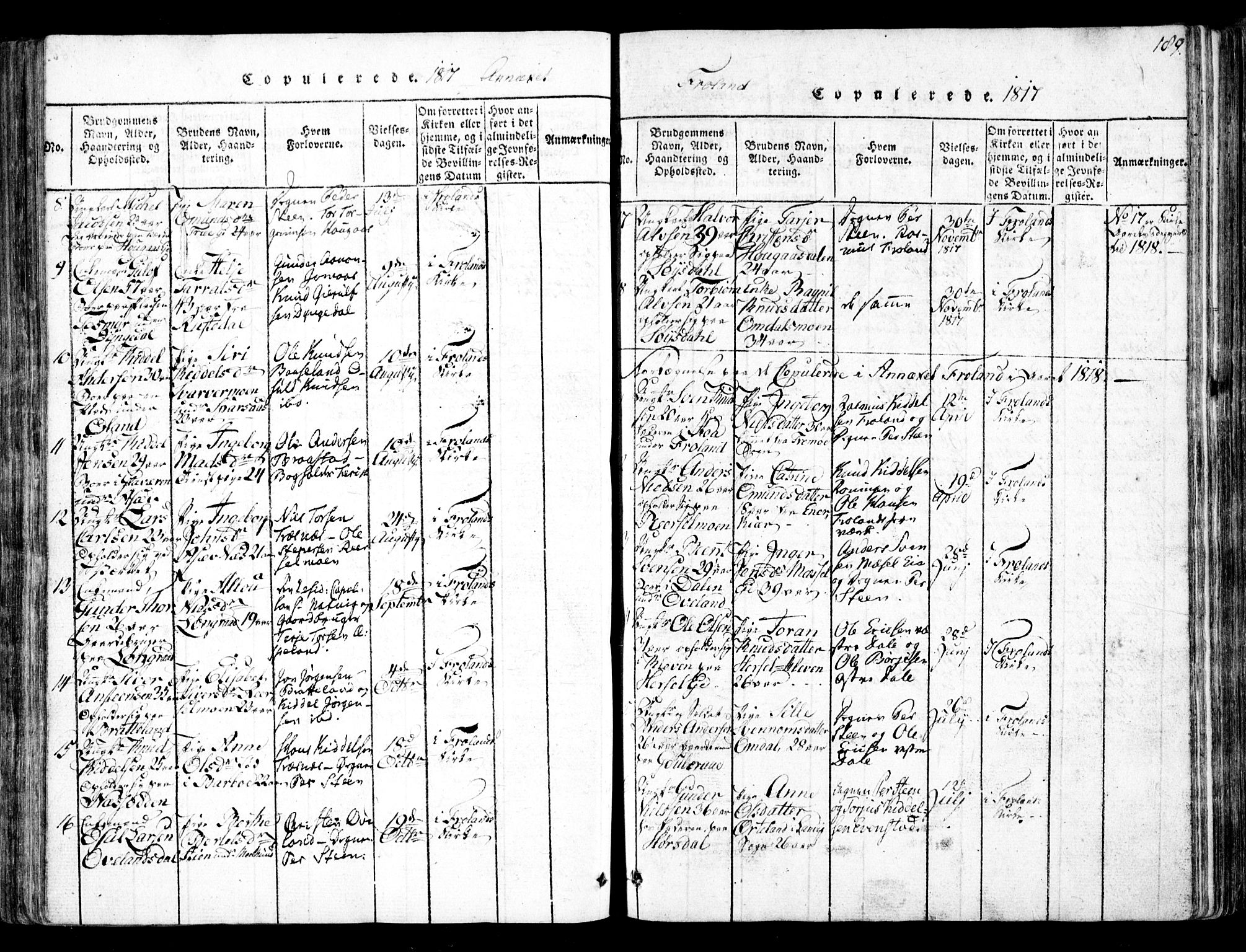 Fjære sokneprestkontor, AV/SAK-1111-0011/F/Fb/L0007: Parish register (copy) no. B 7, 1816-1826, p. 189