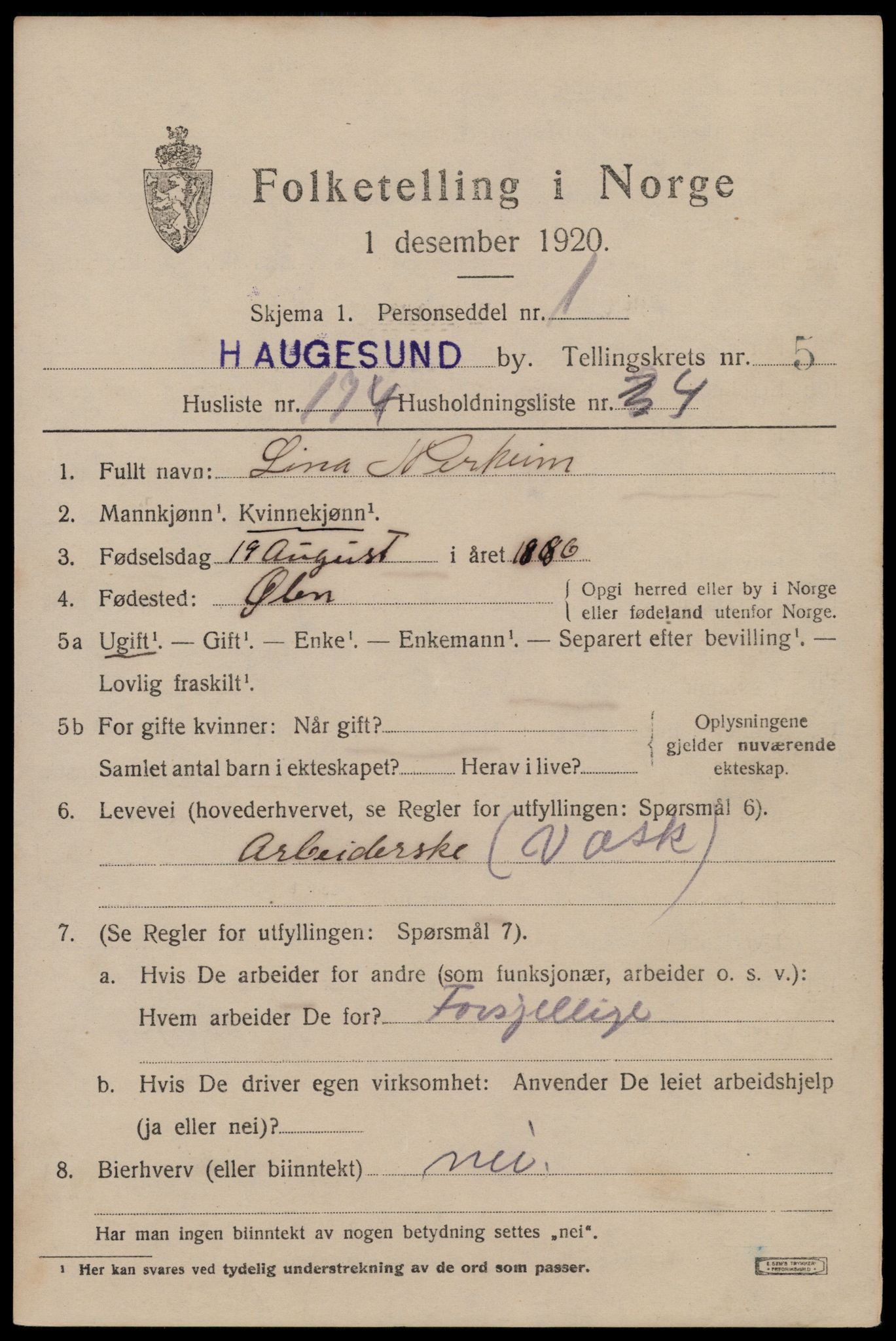 SAST, 1920 census for Haugesund, 1920, p. 21431