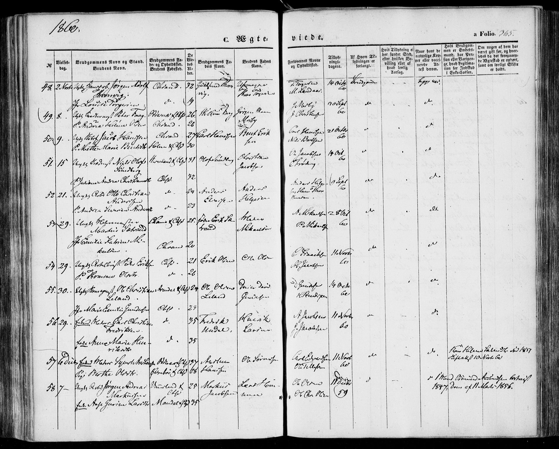 Kristiansand domprosti, AV/SAK-1112-0006/F/Fa/L0014: Parish register (official) no. A 14, 1852-1867, p. 365