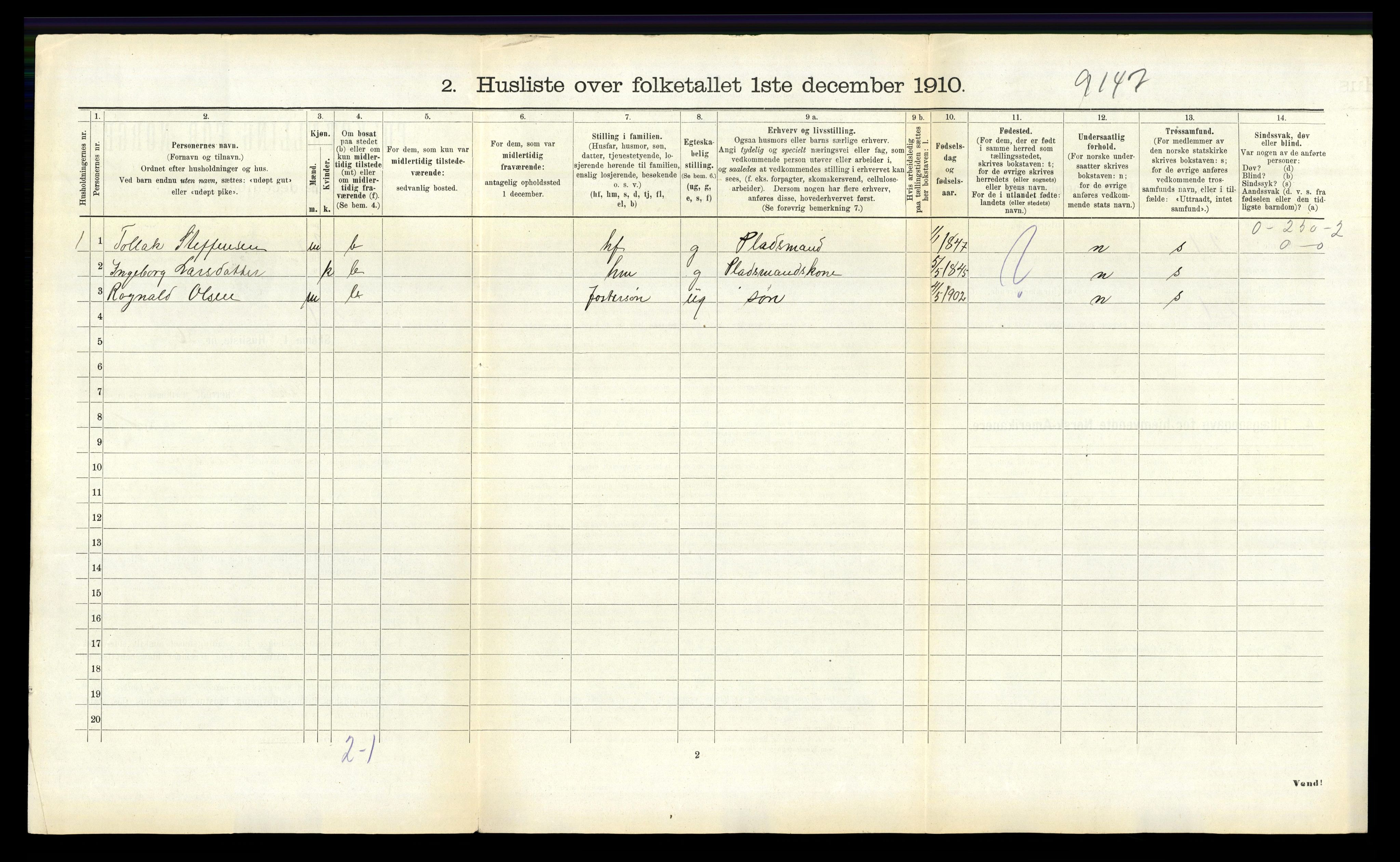 RA, 1910 census for Vik, 1910, p. 1118