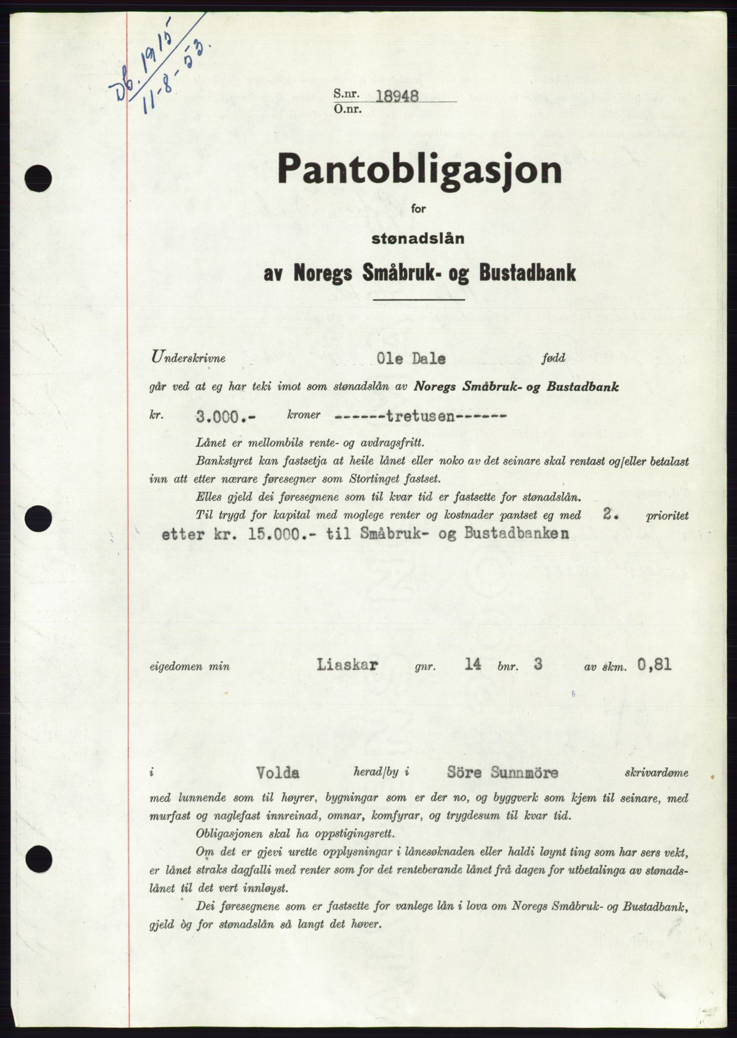 Søre Sunnmøre sorenskriveri, SAT/A-4122/1/2/2C/L0123: Mortgage book no. 11B, 1953-1953, Diary no: : 1915/1953