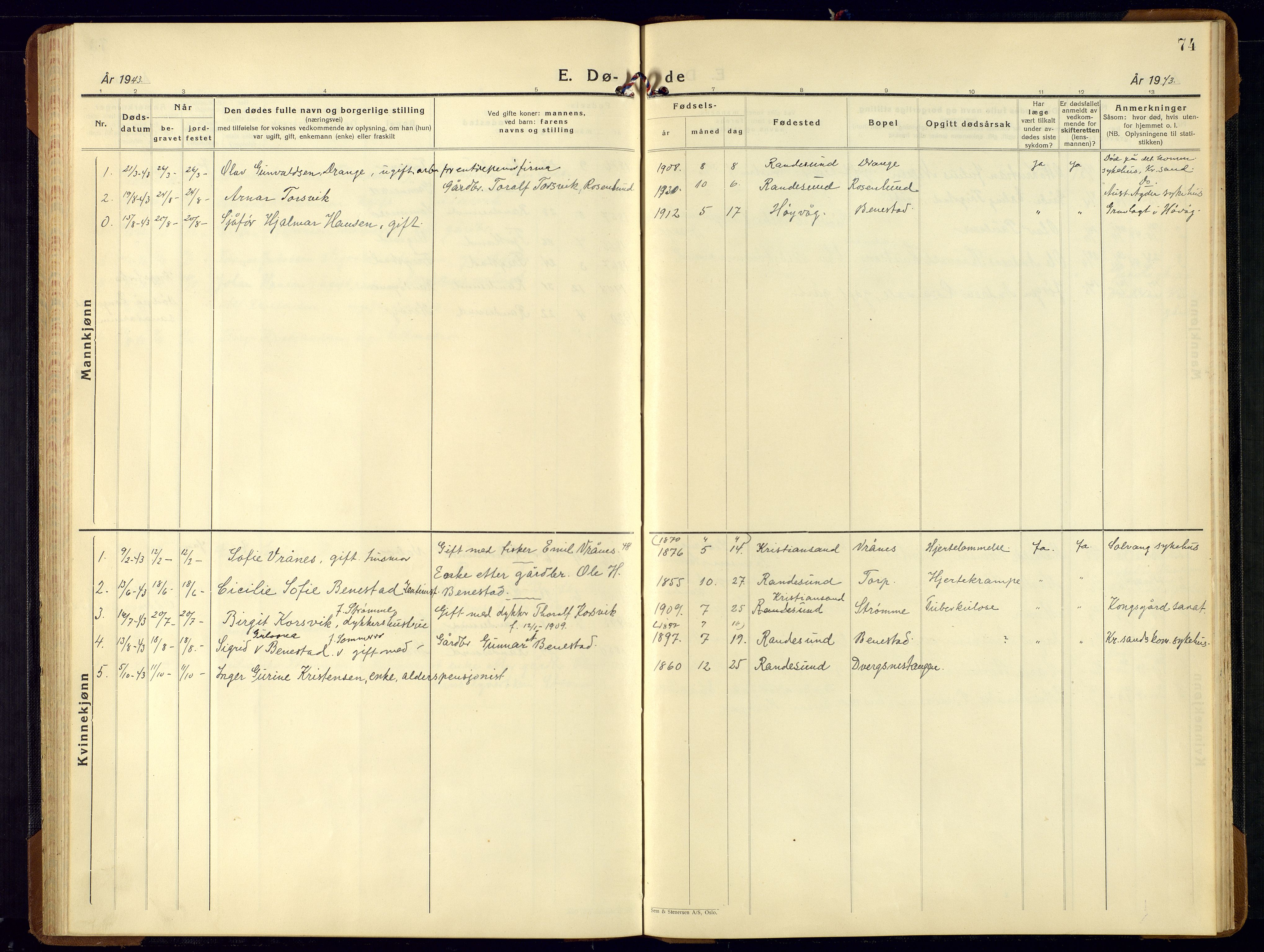 Oddernes sokneprestkontor, SAK/1111-0033/F/Fb/Fbb/L0003: Parish register (copy) no. B-3, 1934-1962, p. 74