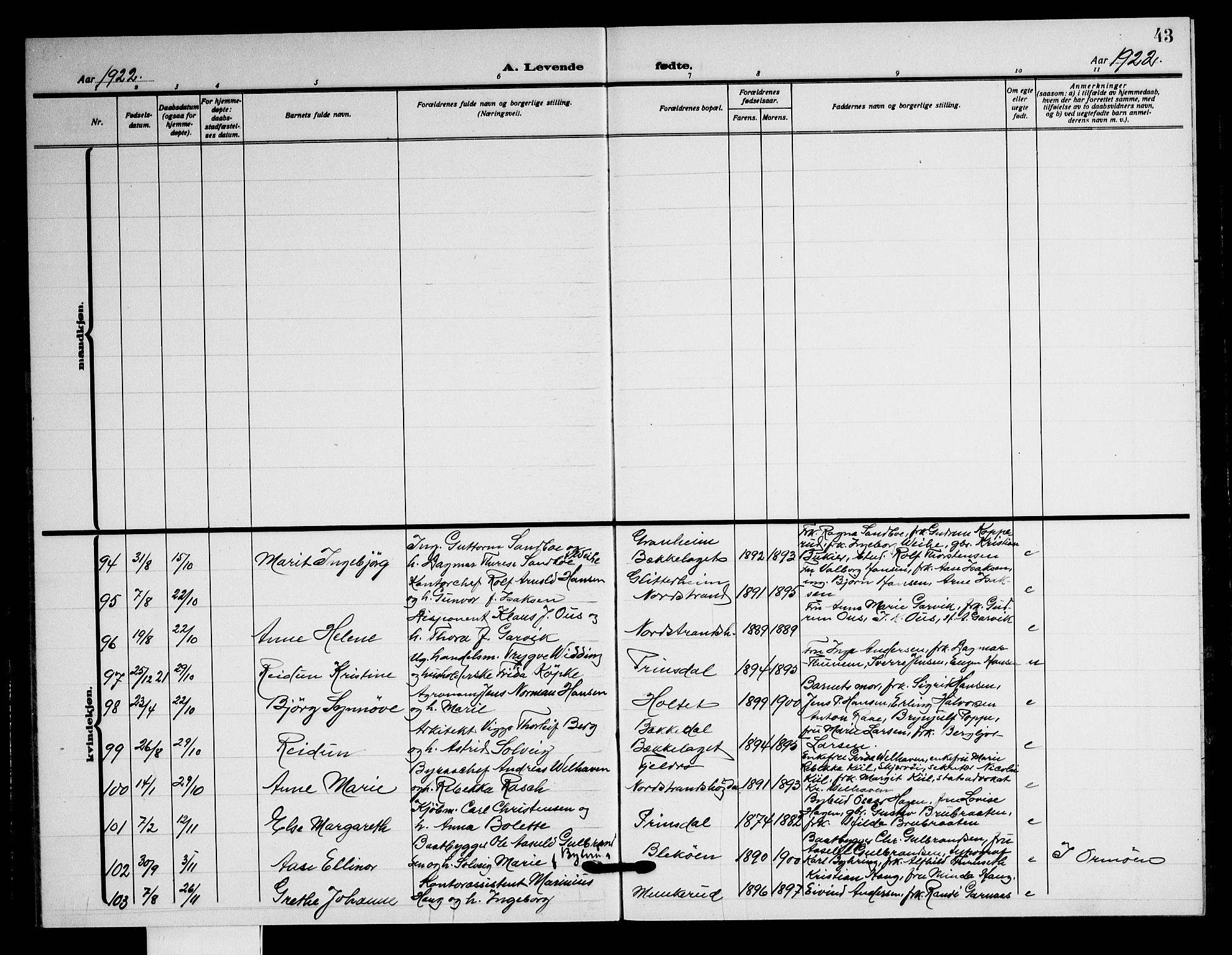 Nordstrand prestekontor Kirkebøker, AV/SAO-A-10362a/G/Ga/L0002: Parish register (copy) no. I 2, 1918-1925, p. 43