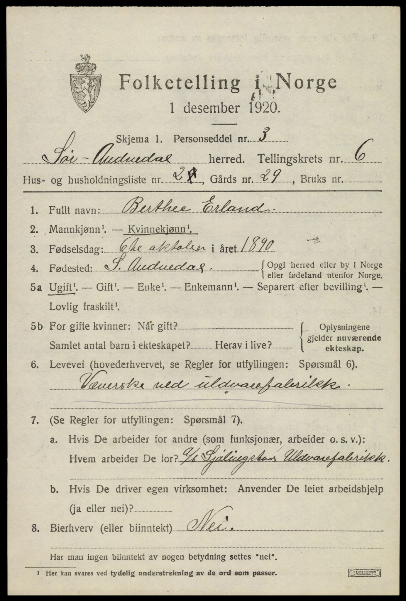 SAK, 1920 census for Sør-Audnedal, 1920, p. 2707