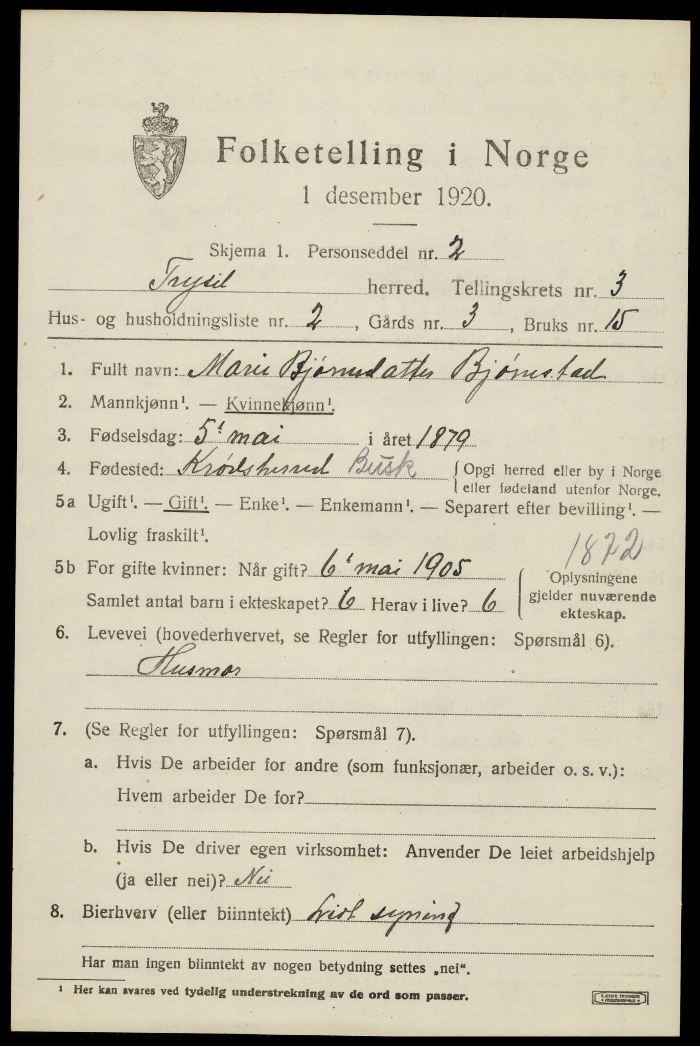 SAH, 1920 census for Trysil, 1920, p. 3491