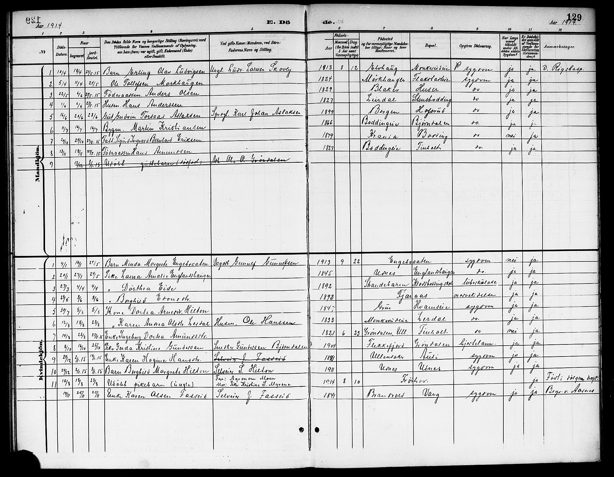 Nes prestekontor Kirkebøker, AV/SAO-A-10410/G/Gb/L0001: Parish register (copy) no. II 1, 1901-1917, p. 129