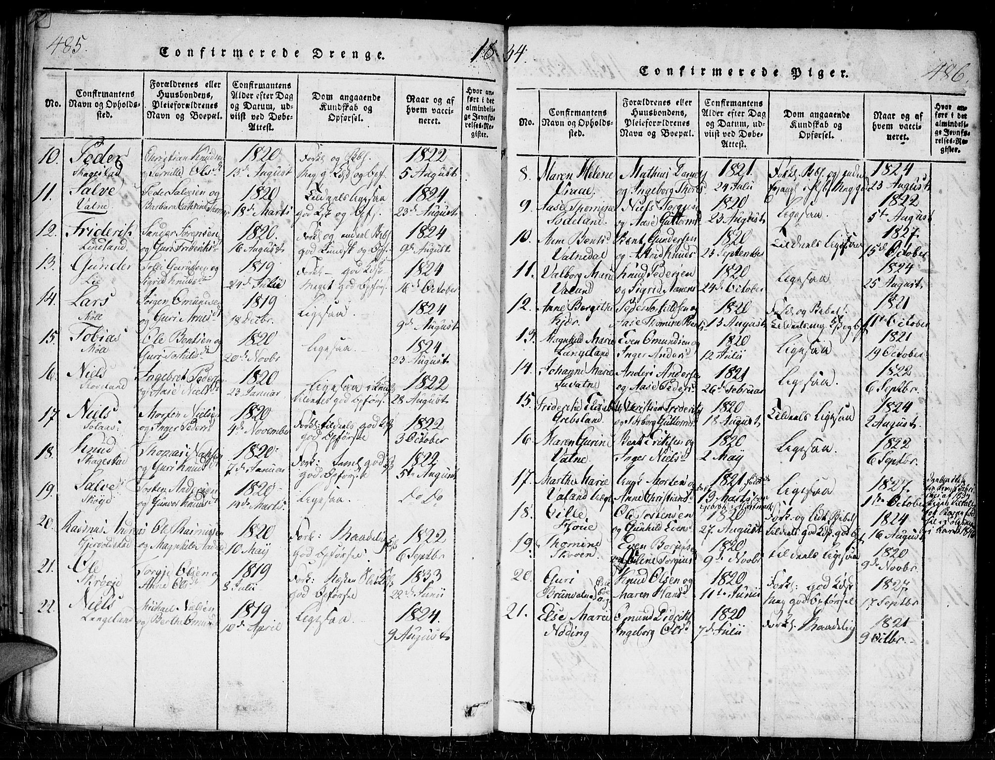 Holum sokneprestkontor, SAK/1111-0022/F/Fa/Faa/L0004: Parish register (official) no. A 4, 1820-1849, p. 485-486