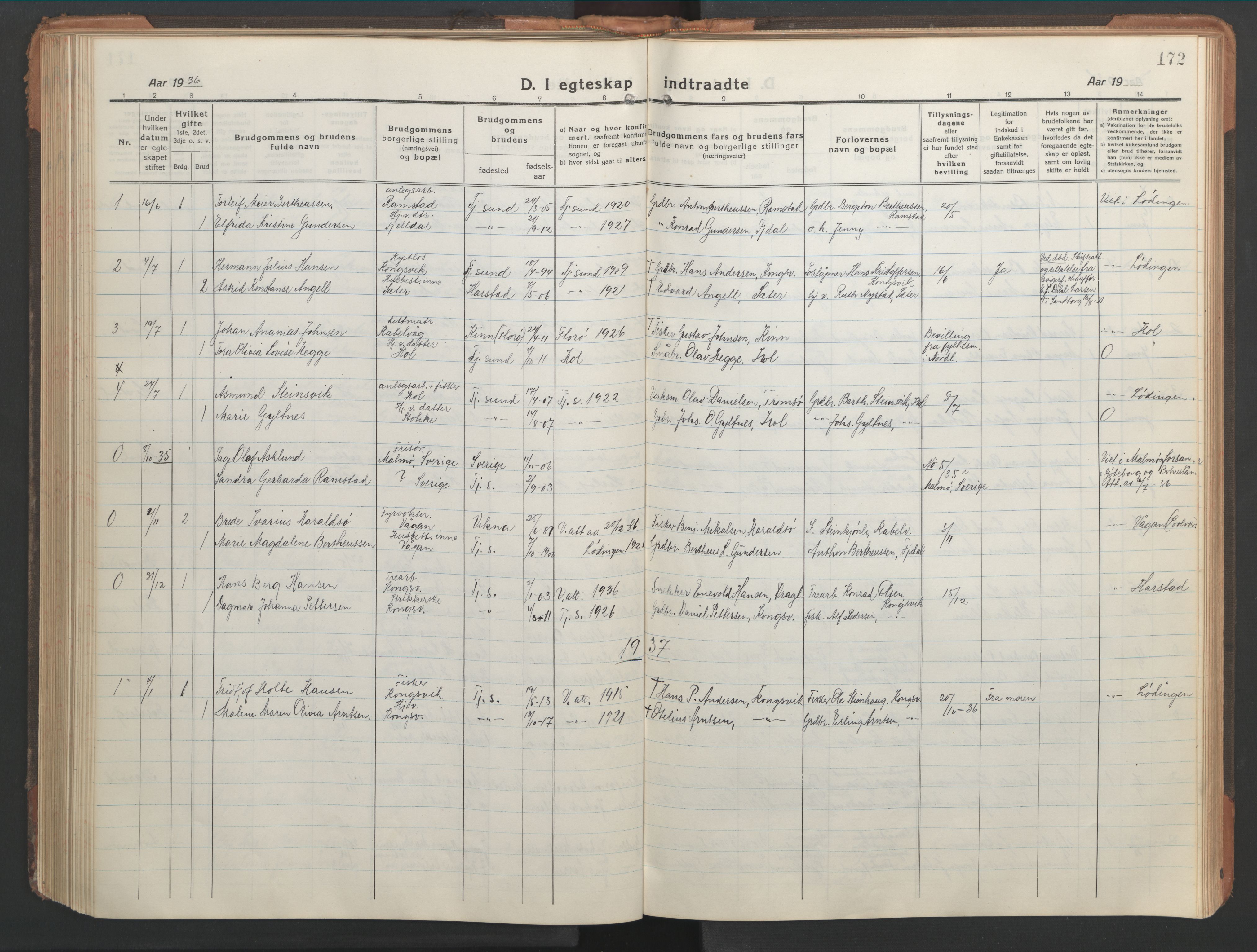 Ministerialprotokoller, klokkerbøker og fødselsregistre - Nordland, AV/SAT-A-1459/865/L0933: Parish register (copy) no. 865C05, 1917-1947, p. 172