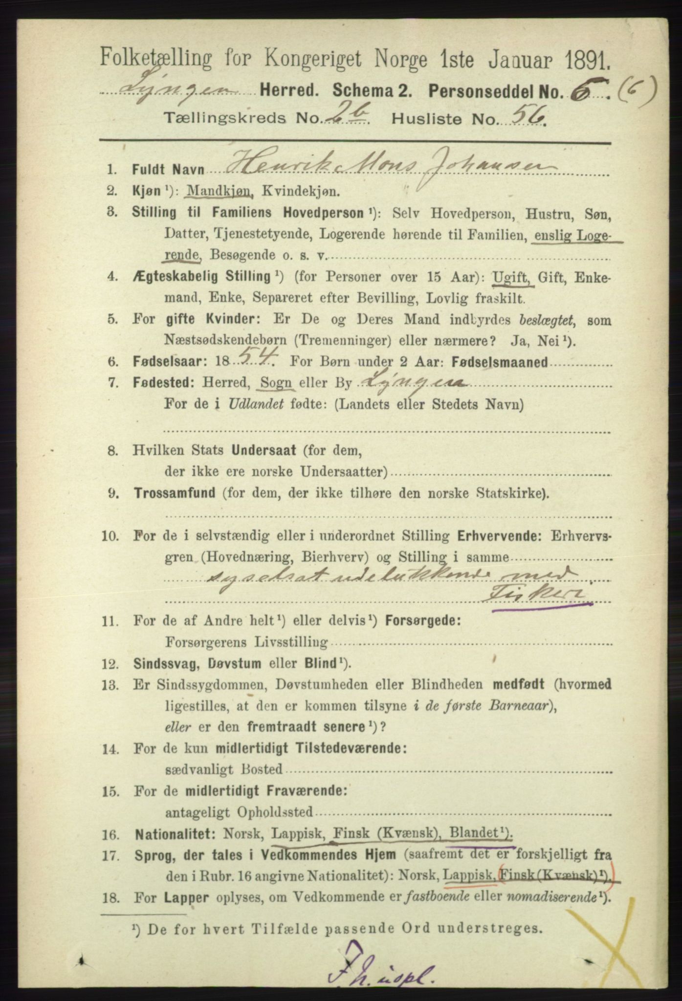 RA, 1891 census for 1938 Lyngen, 1891, p. 2851