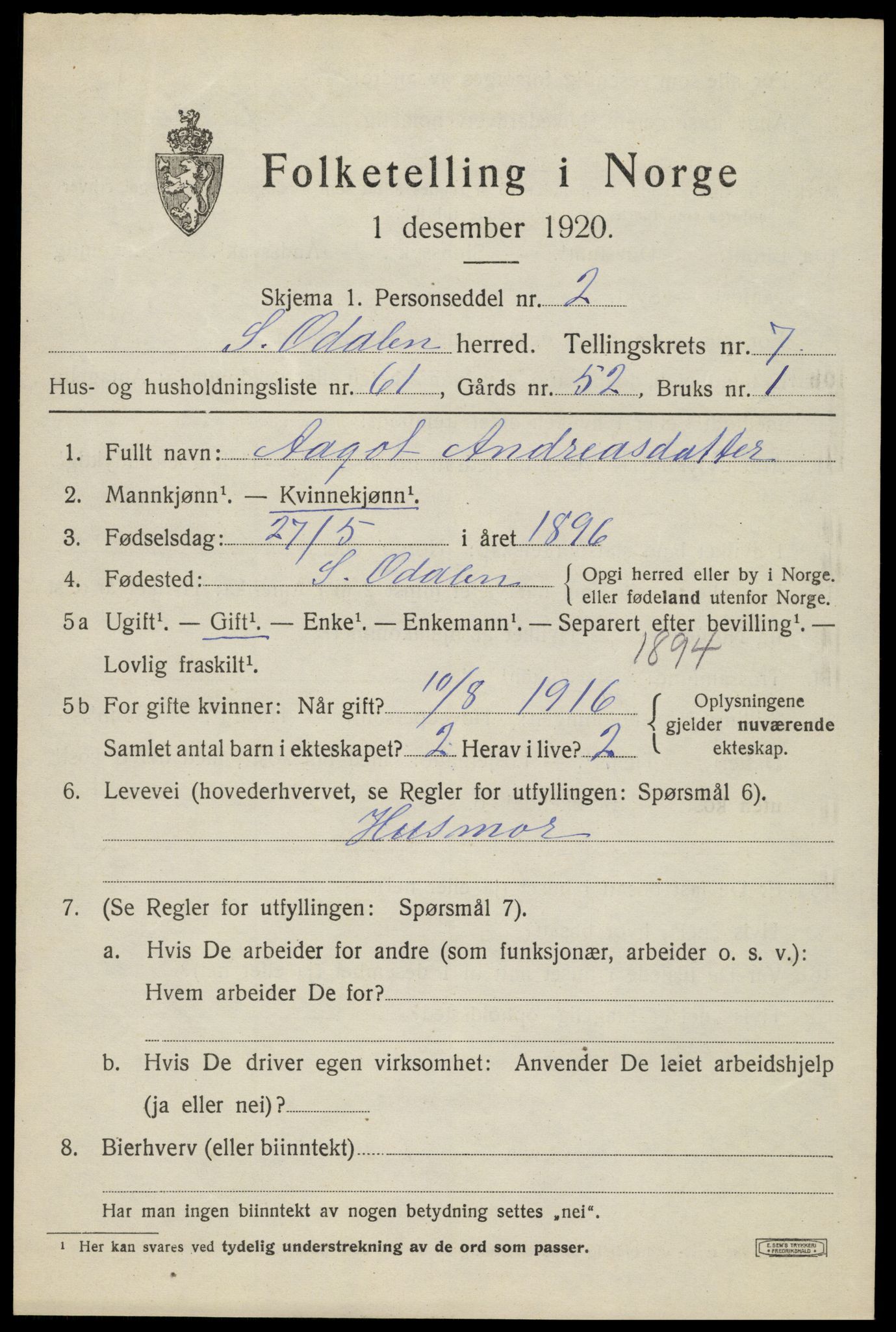 SAH, 1920 census for Sør-Odal, 1920, p. 9277