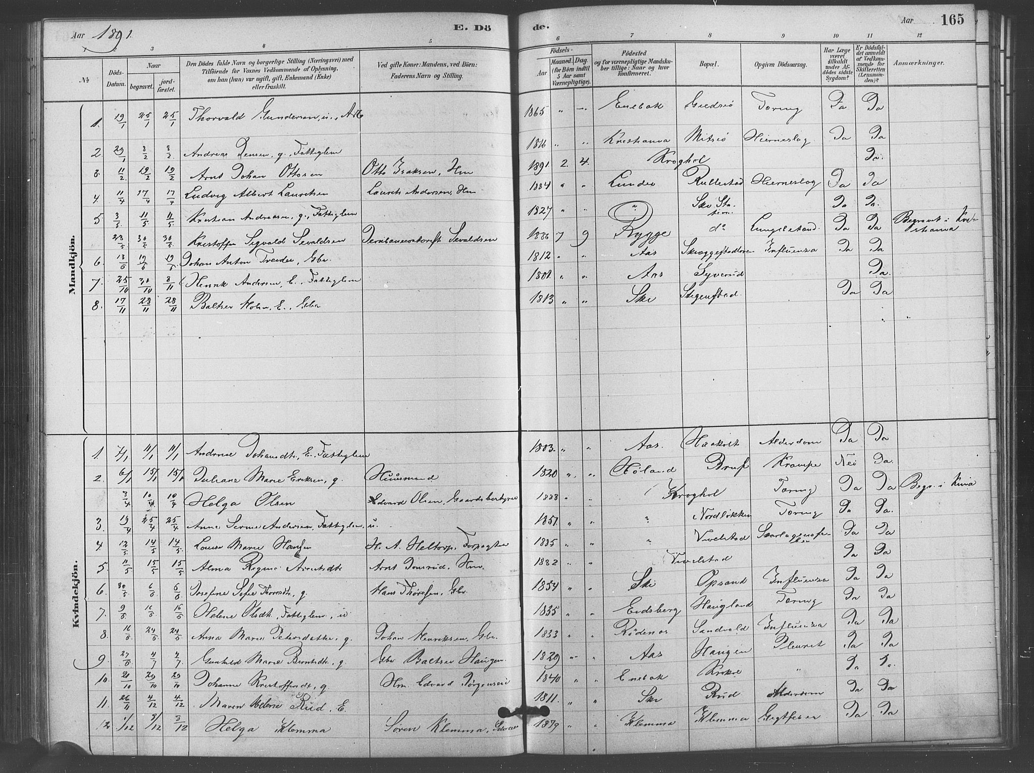 Kråkstad prestekontor Kirkebøker, SAO/A-10125a/F/Fb/L0001: Parish register (official) no. II 1, 1880-1892, p. 165