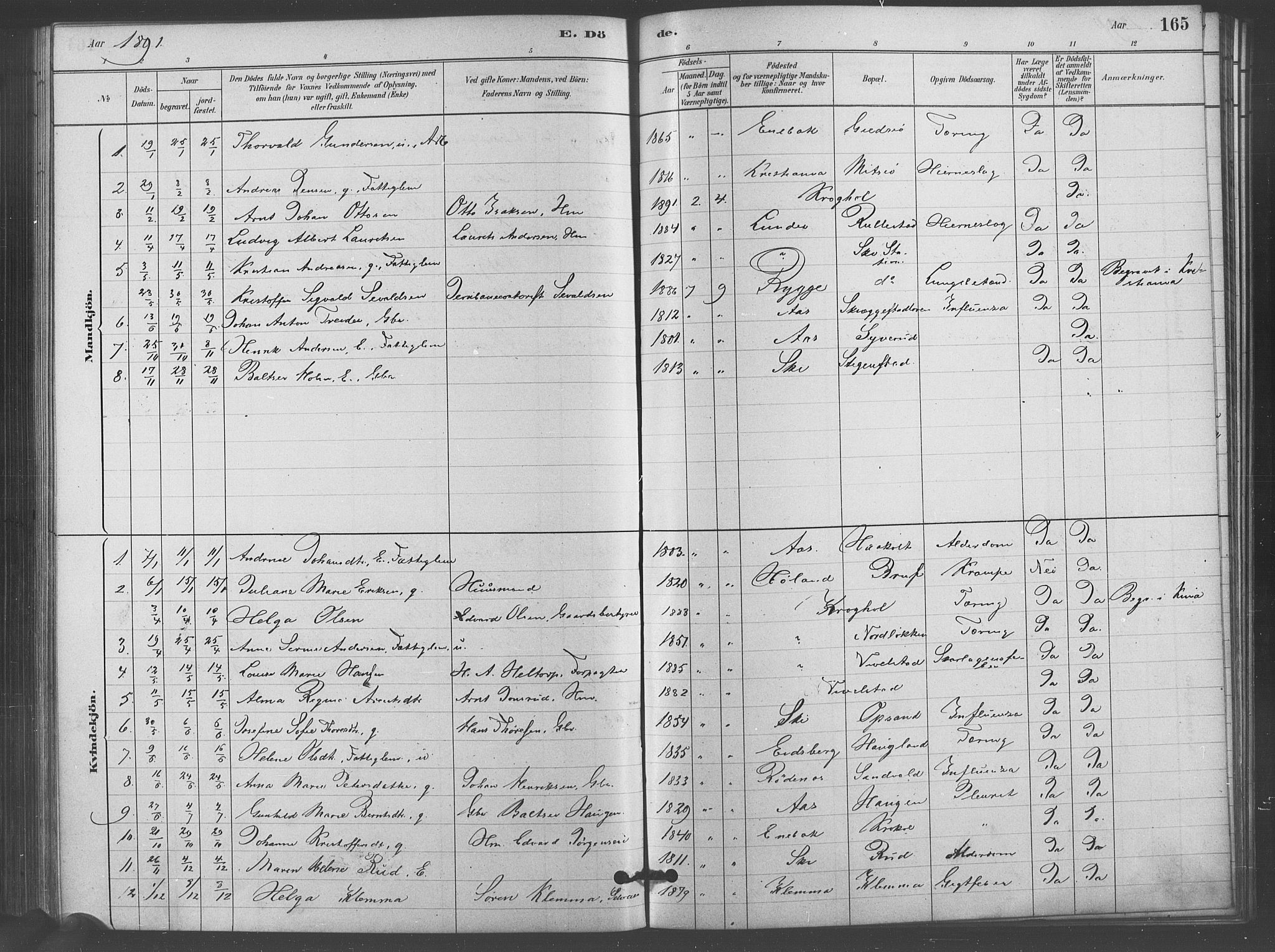 Kråkstad prestekontor Kirkebøker, AV/SAO-A-10125a/F/Fb/L0001: Parish register (official) no. II 1, 1880-1892, p. 165