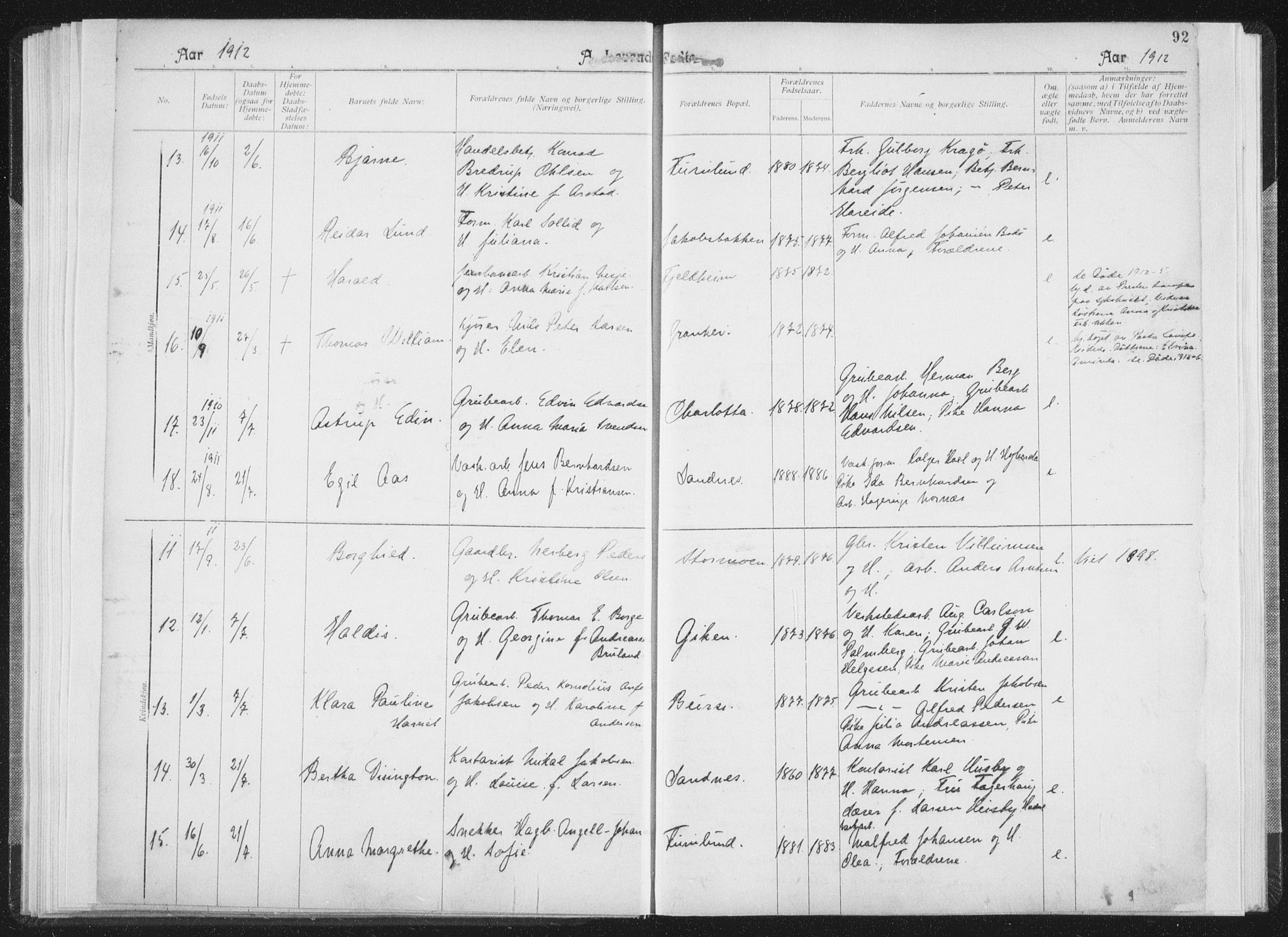 Ministerialprotokoller, klokkerbøker og fødselsregistre - Nordland, AV/SAT-A-1459/850/L0711: Curate's parish register no. 850B01, 1902-1915, p. 92