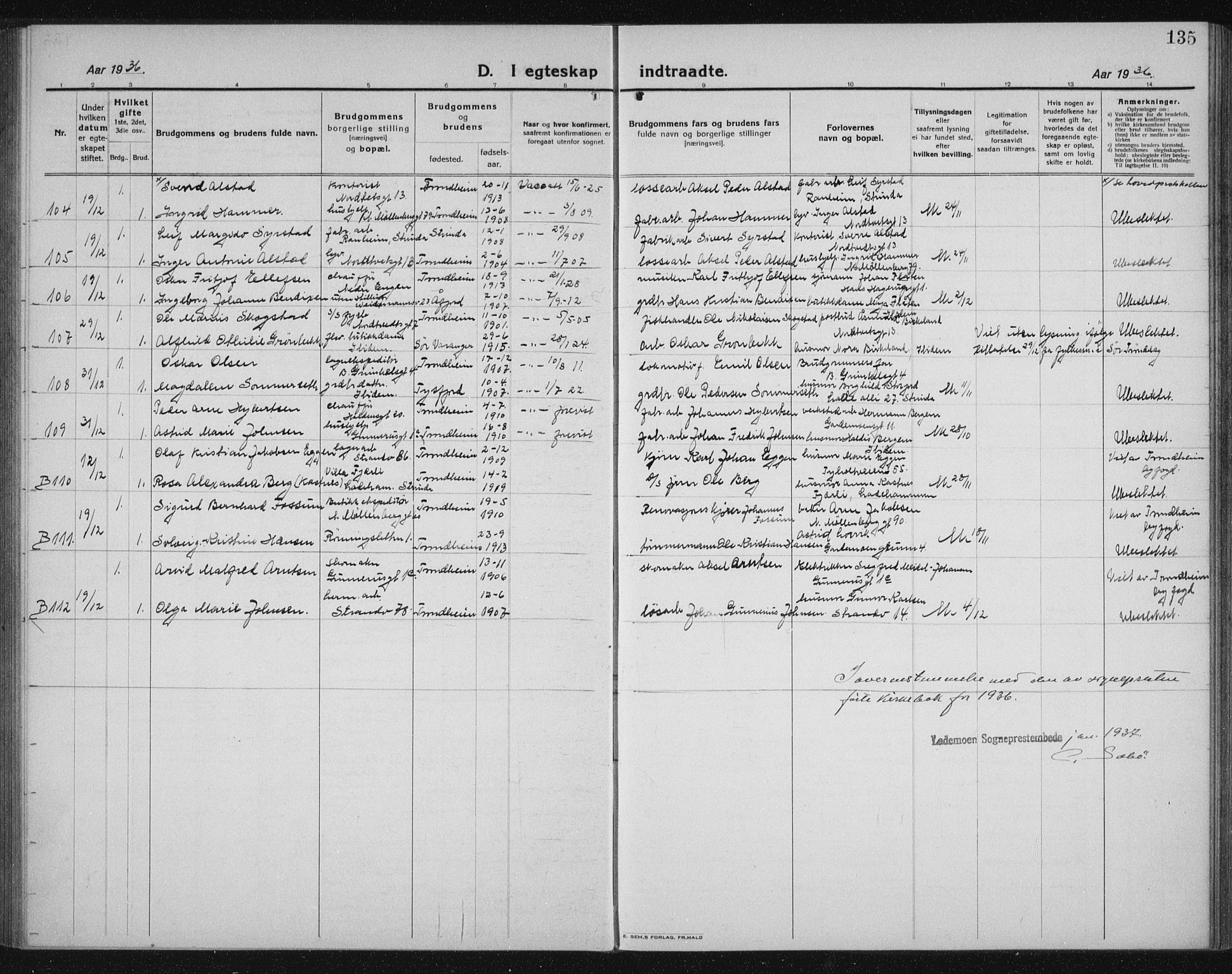 Ministerialprotokoller, klokkerbøker og fødselsregistre - Sør-Trøndelag, SAT/A-1456/605/L0260: Parish register (copy) no. 605C07, 1922-1942, p. 135