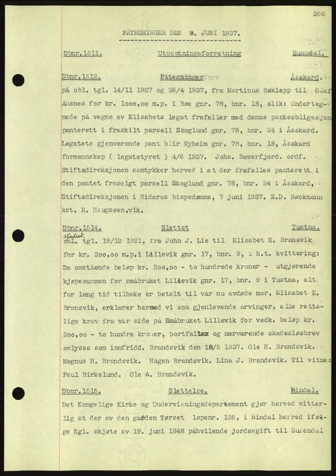 Nordmøre sorenskriveri, AV/SAT-A-4132/1/2/2Ca: Mortgage book no. C80, 1936-1939, Diary no: : 1511/1937