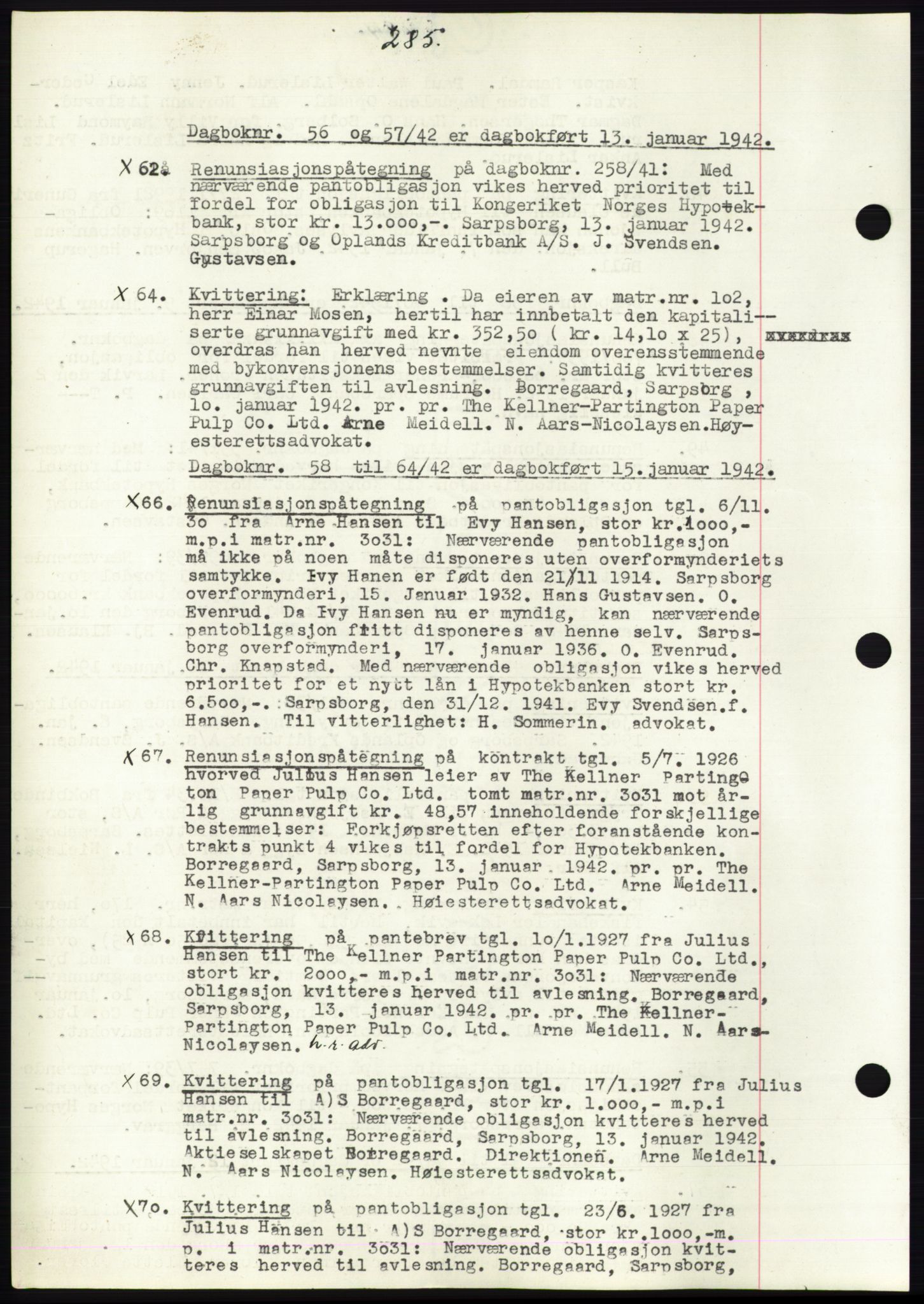 Sarpsborg byfogd, SAO/A-10864/G/Ga/Gae/L0001: Mortgage book no. C1, 1943-1951, Deed date: 13.01.1942