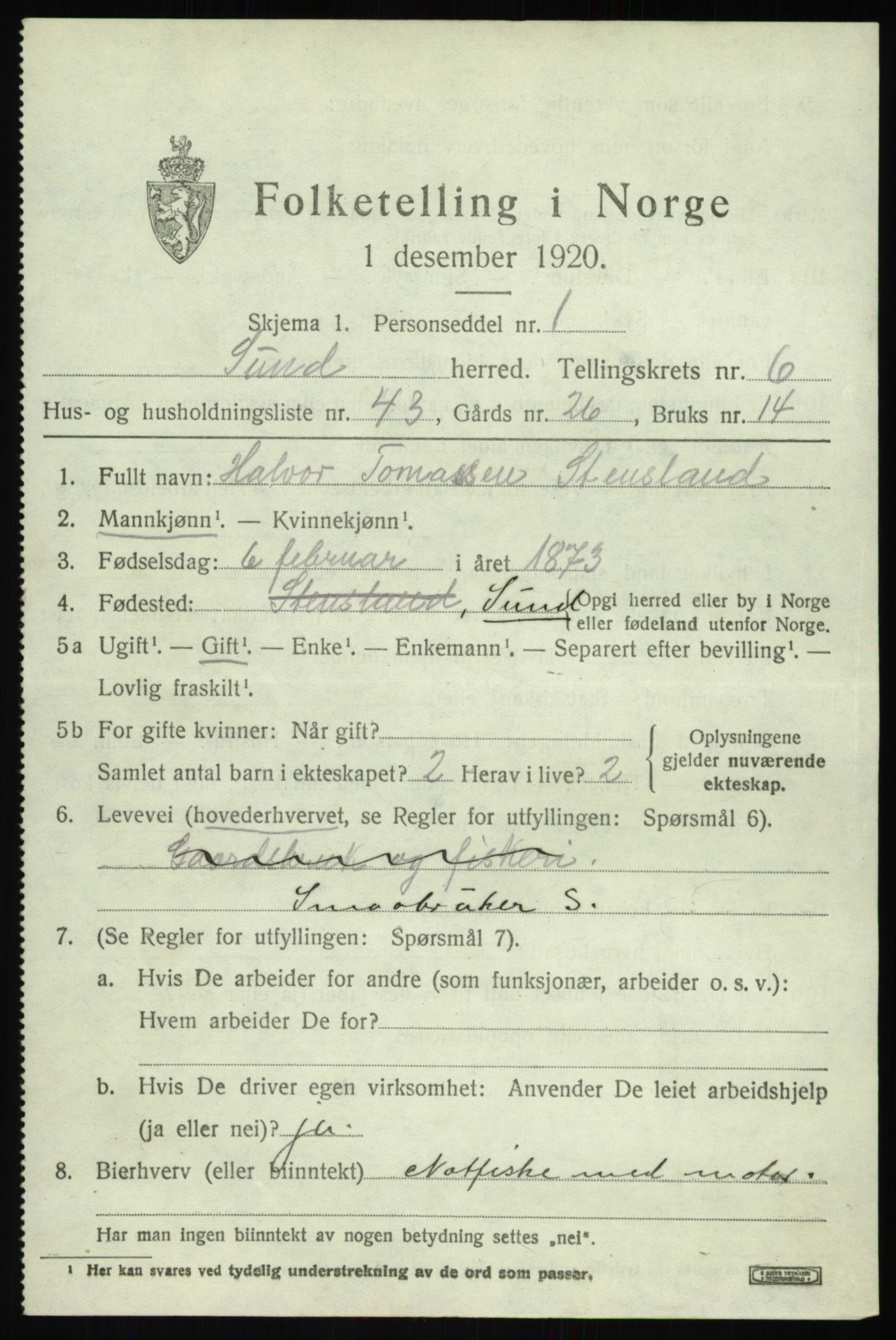 SAB, 1920 census for Sund, 1920, p. 4405