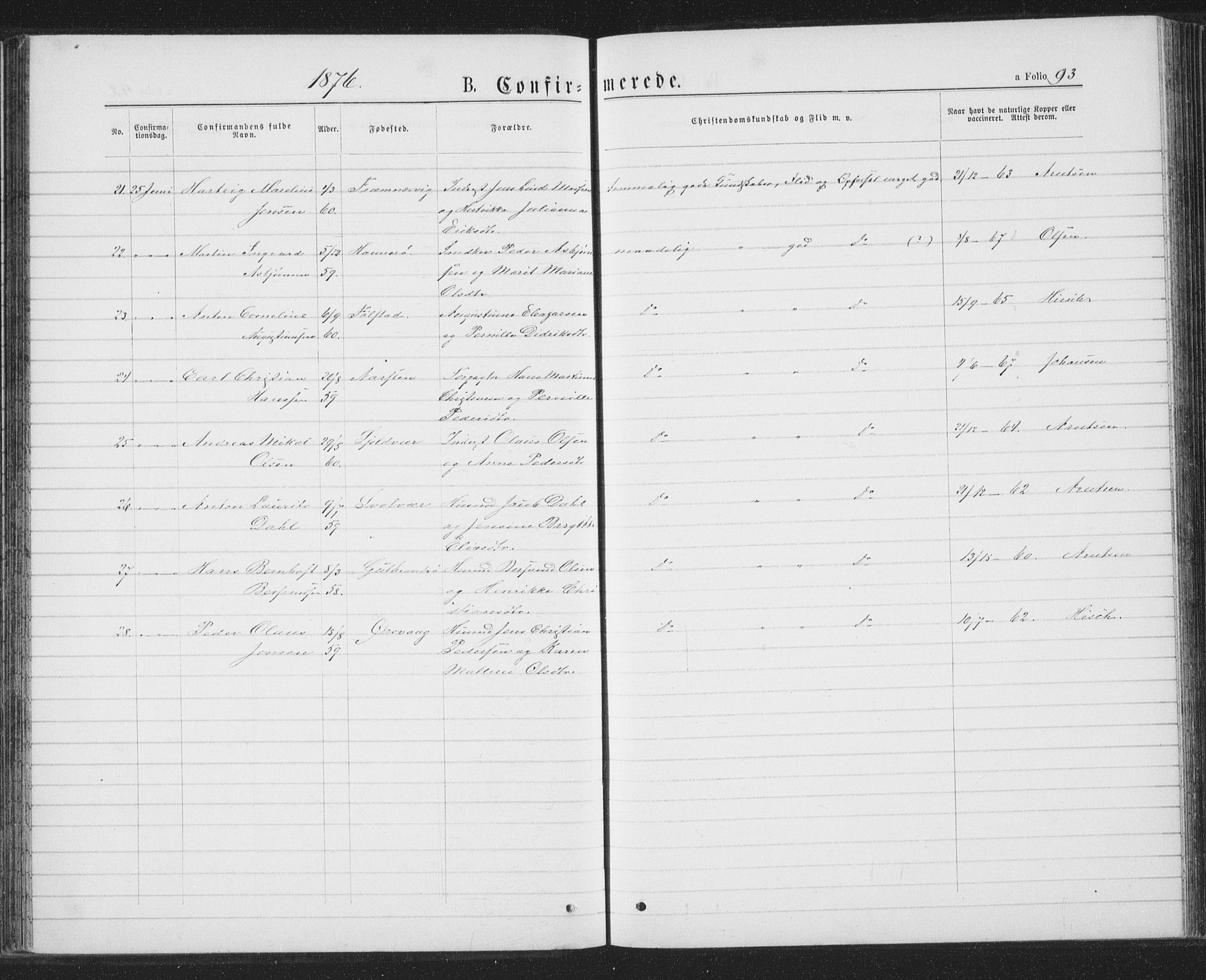 Ministerialprotokoller, klokkerbøker og fødselsregistre - Nordland, SAT/A-1459/874/L1074: Parish register (copy) no. 874C03, 1870-1876, p. 93