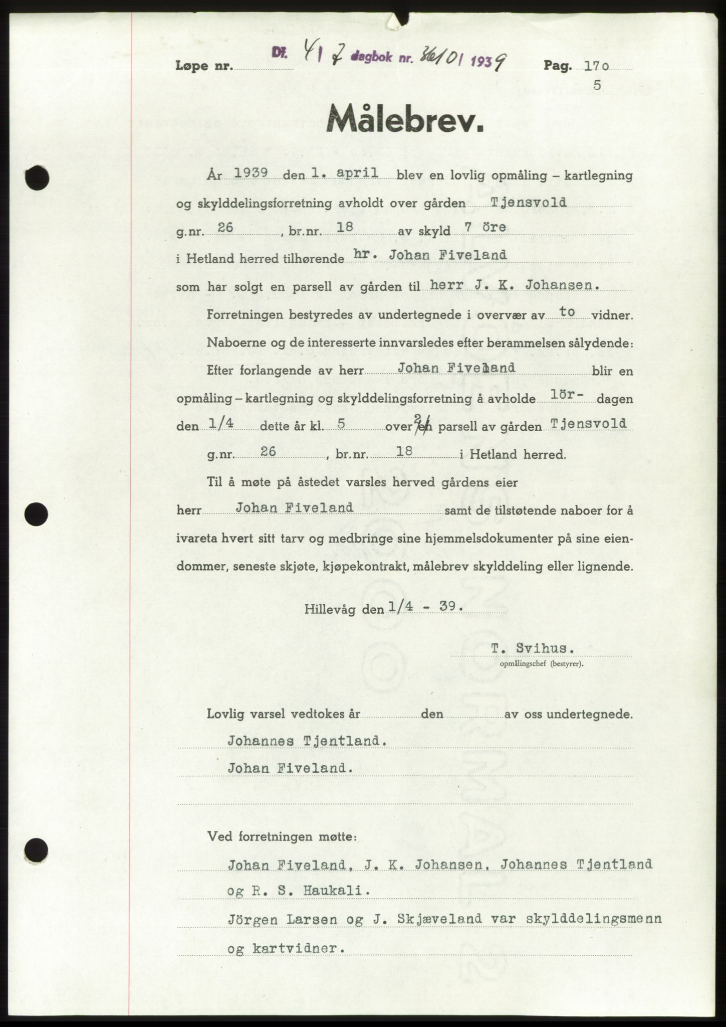 Jæren sorenskriveri, SAST/A-100310/03/G/Gba/L0075: Mortgage book, 1939-1939, Diary no: : 3610/1939