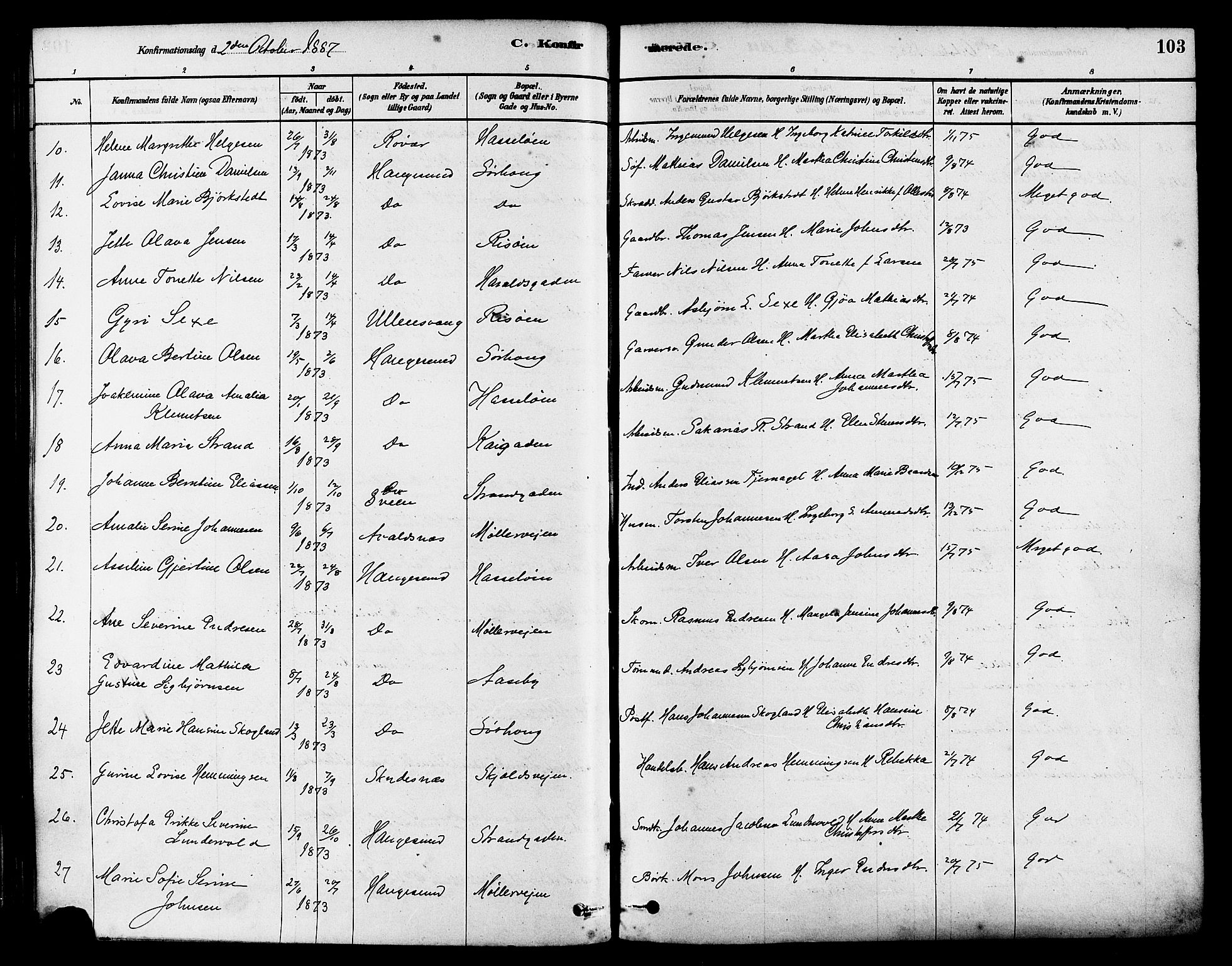 Haugesund sokneprestkontor, AV/SAST-A -101863/H/Ha/Haa/L0003: Parish register (official) no. A 3, 1885-1890, p. 103