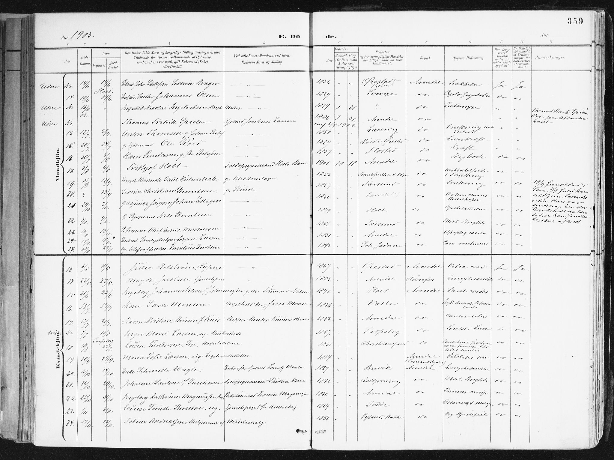 Arendal sokneprestkontor, Trefoldighet, AV/SAK-1111-0040/F/Fa/L0010: Parish register (official) no. A 10, 1900-1919, p. 359