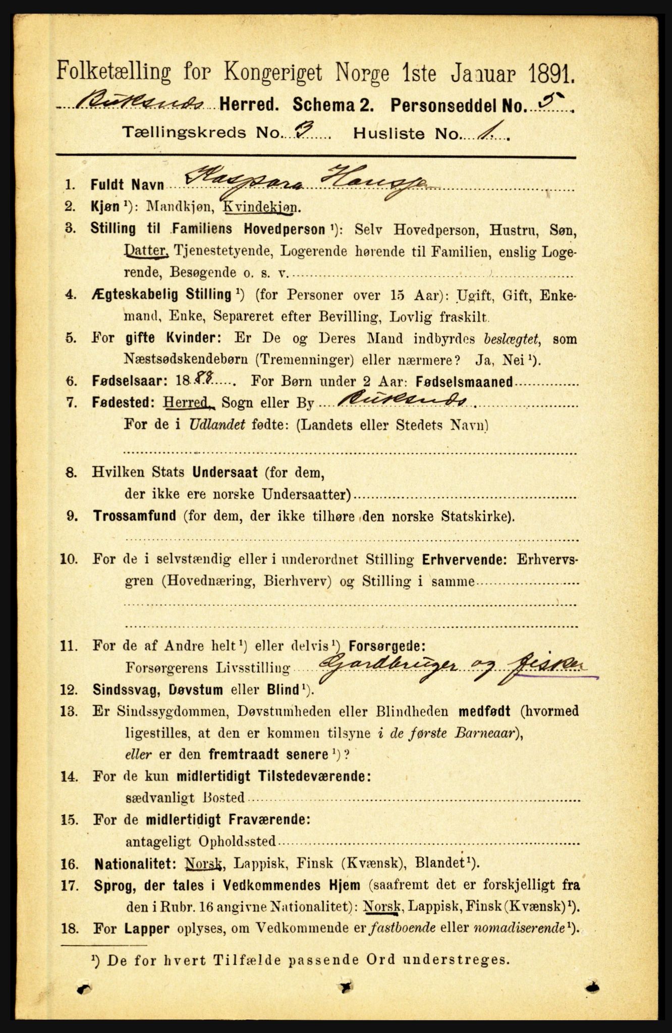 RA, 1891 census for 1860 Buksnes, 1891, p. 2208