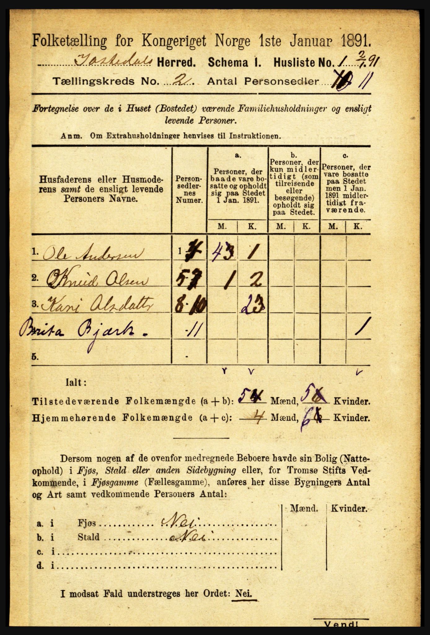 RA, 1891 census for 1427 Jostedal, 1891, p. 452