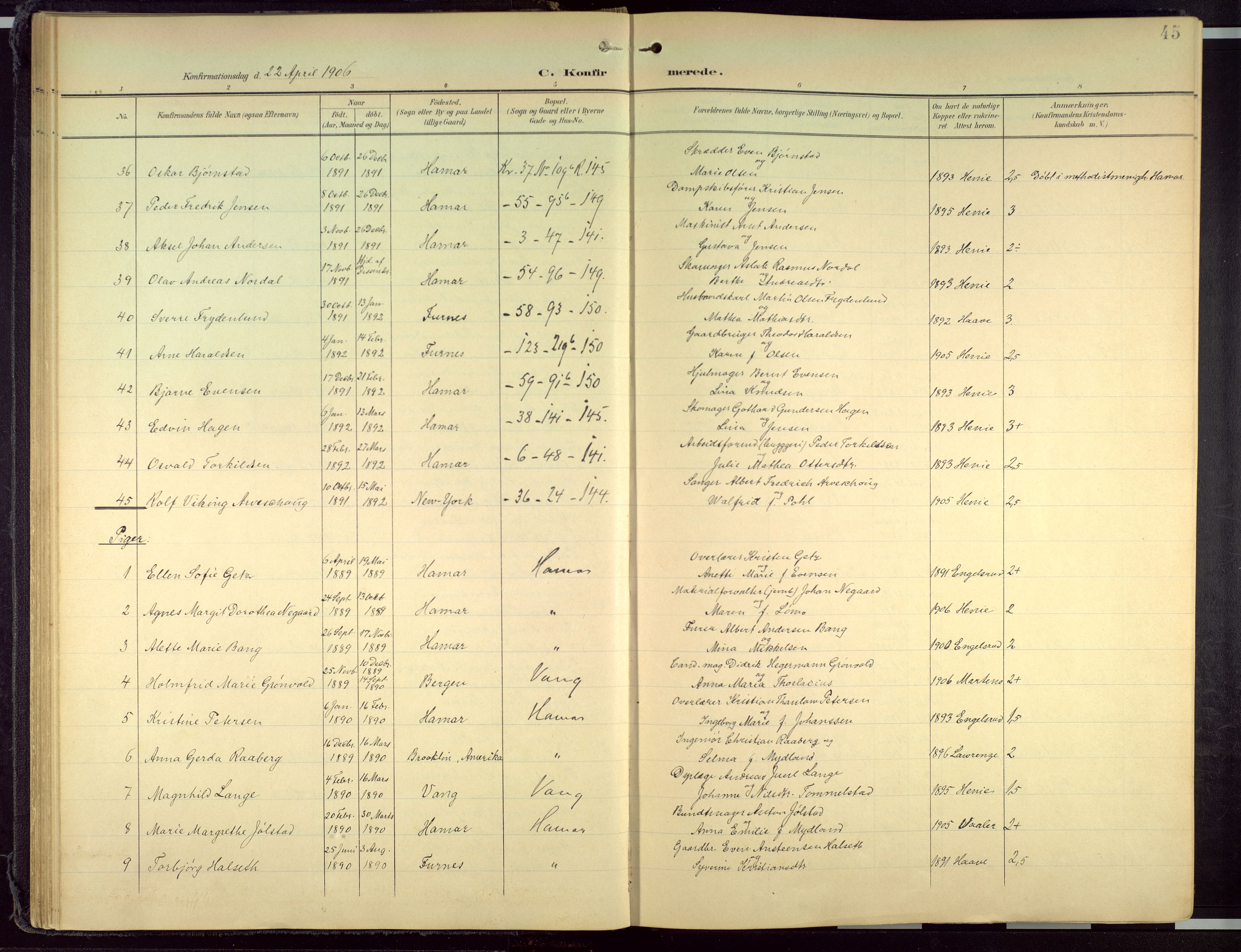 Hamar prestekontor, AV/SAH-DOMPH-002/H/Ha/Haa/L0004: Parish register (official) no. 4, 1899-1973, p. 45