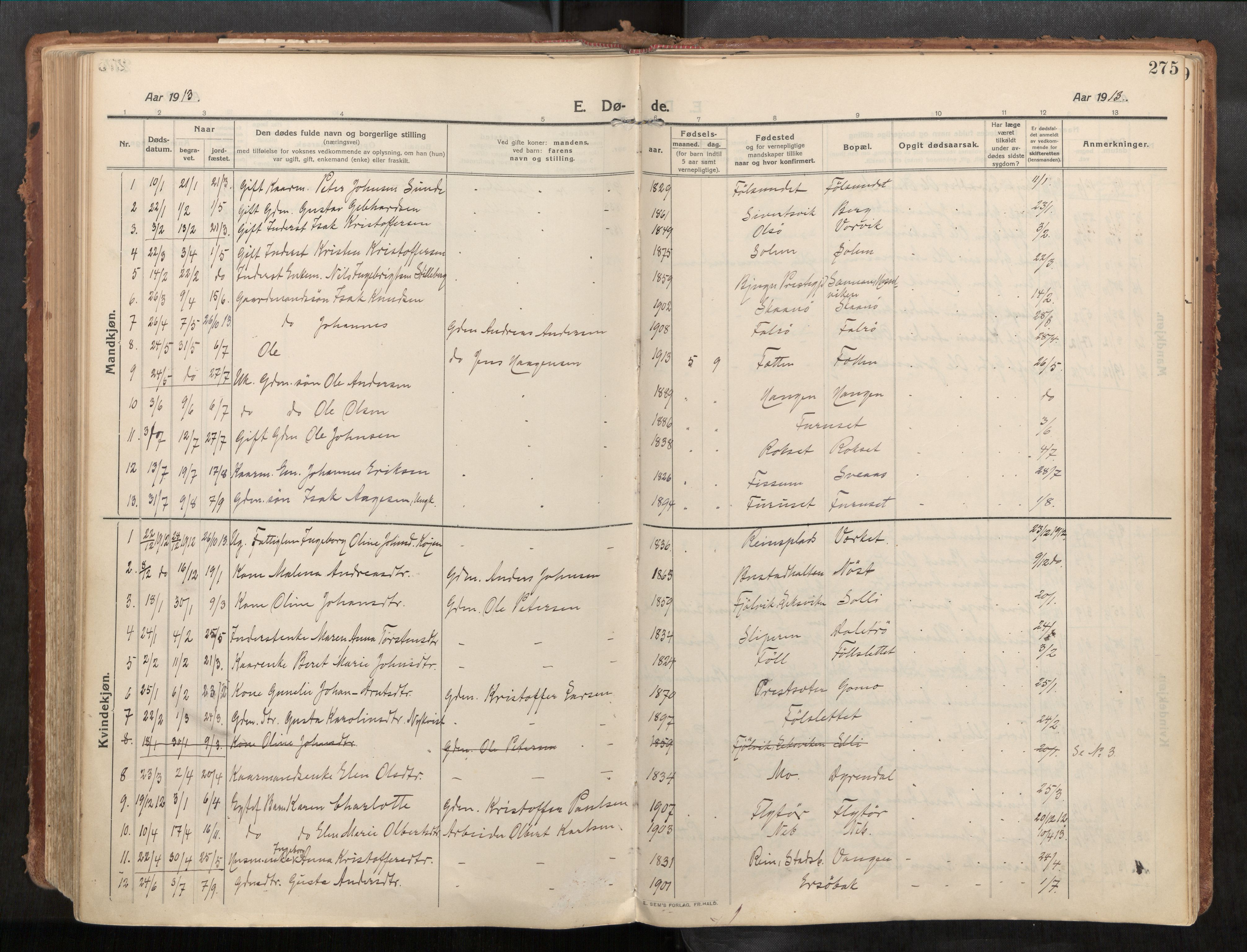 Stadsbygd sokneprestkontor, SAT/A-1117/1/I/I1/I1a/L0001: Parish register (official) no. 1, 1911-1929, p. 275