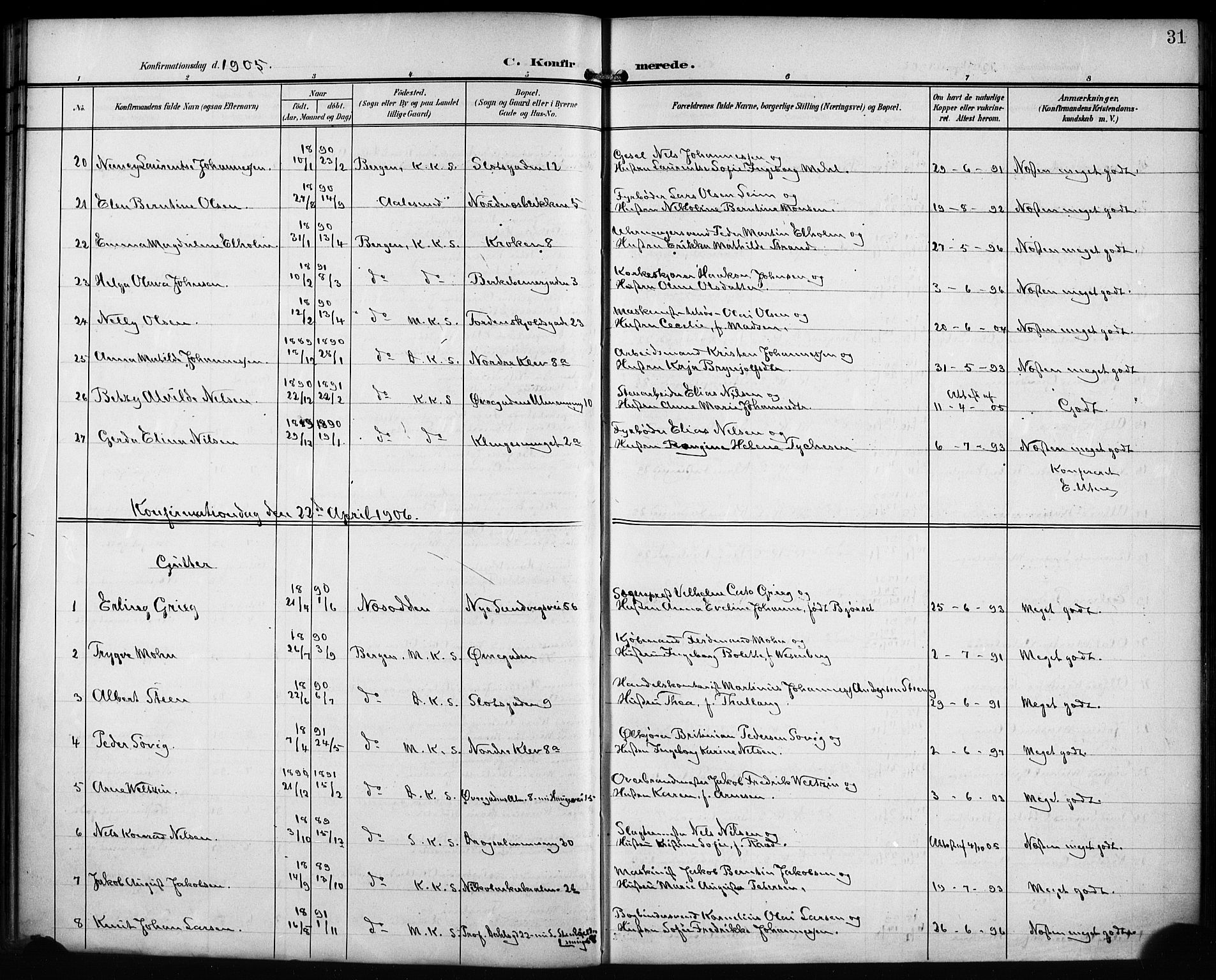 Mariakirken Sokneprestembete, SAB/A-76901/H/Hab/L0009: Parish register (copy) no. A 9, 1901-1919, p. 31