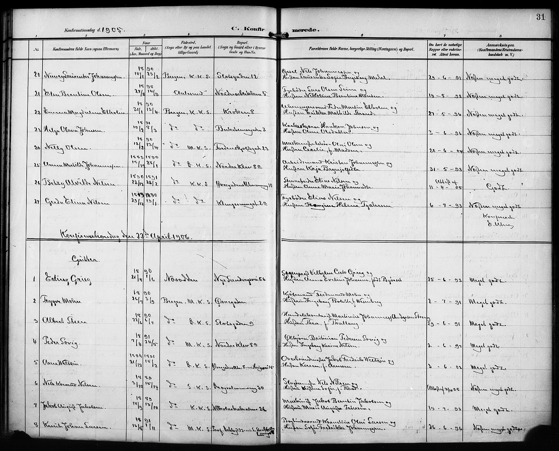 Mariakirken Sokneprestembete, AV/SAB-A-76901/H/Hab/L0009: Parish register (copy) no. A 9, 1901-1919, p. 31