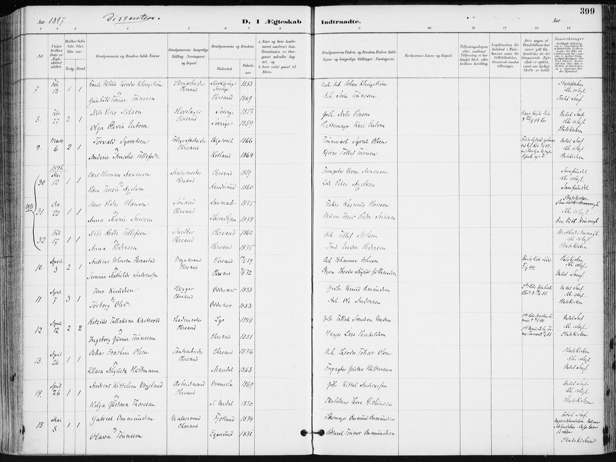 Kristiansand domprosti, SAK/1112-0006/F/Fa/L0019: Parish register (official) no. A 18, 1890-1897, p. 399