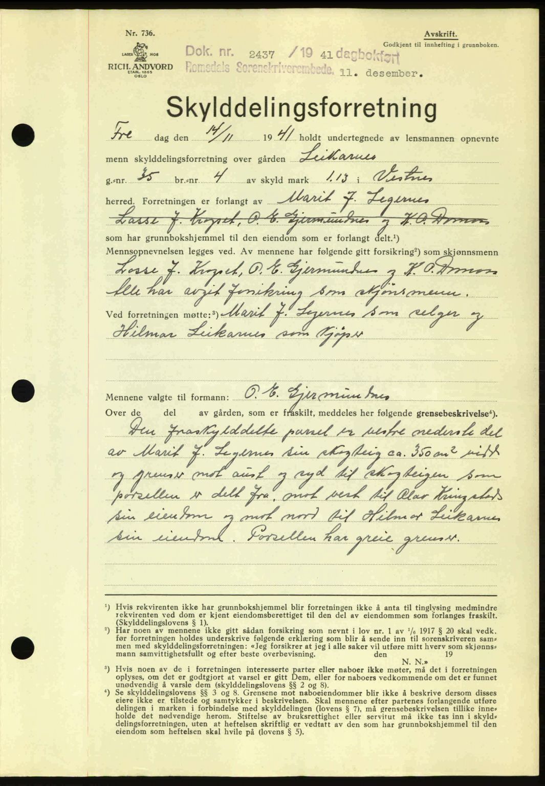 Romsdal sorenskriveri, AV/SAT-A-4149/1/2/2C: Mortgage book no. A11, 1941-1942, Diary no: : 2437/1941