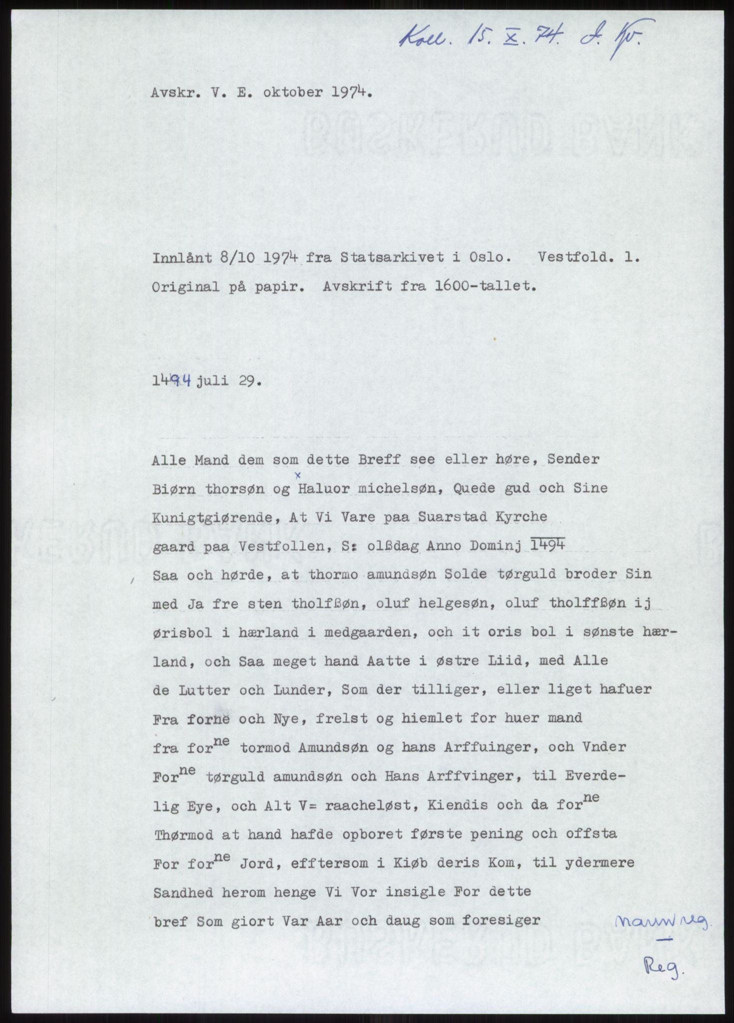 Samlinger til kildeutgivelse, Diplomavskriftsamlingen, AV/RA-EA-4053/H/Ha, p. 327