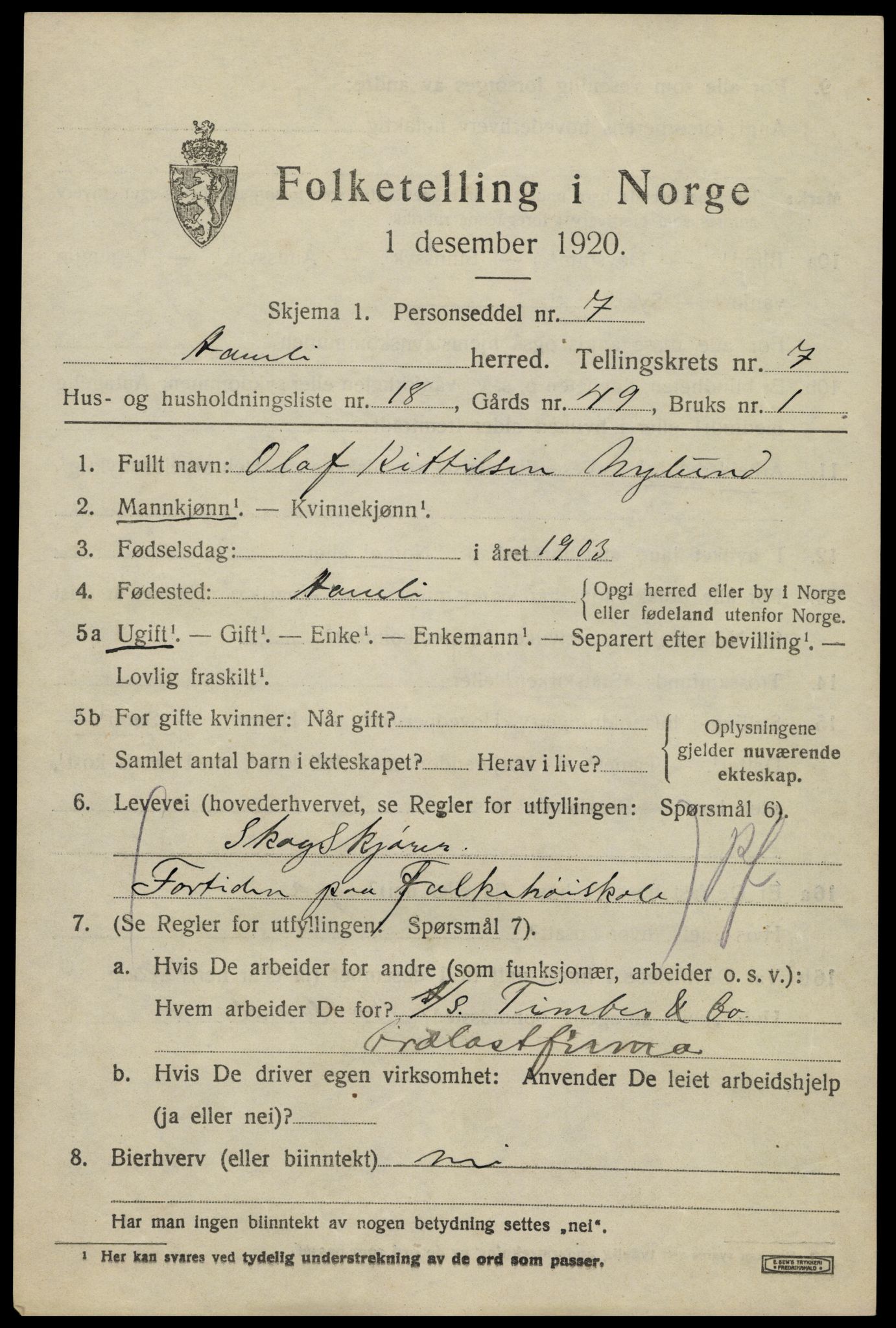 SAK, 1920 census for Åmli, 1920, p. 3163