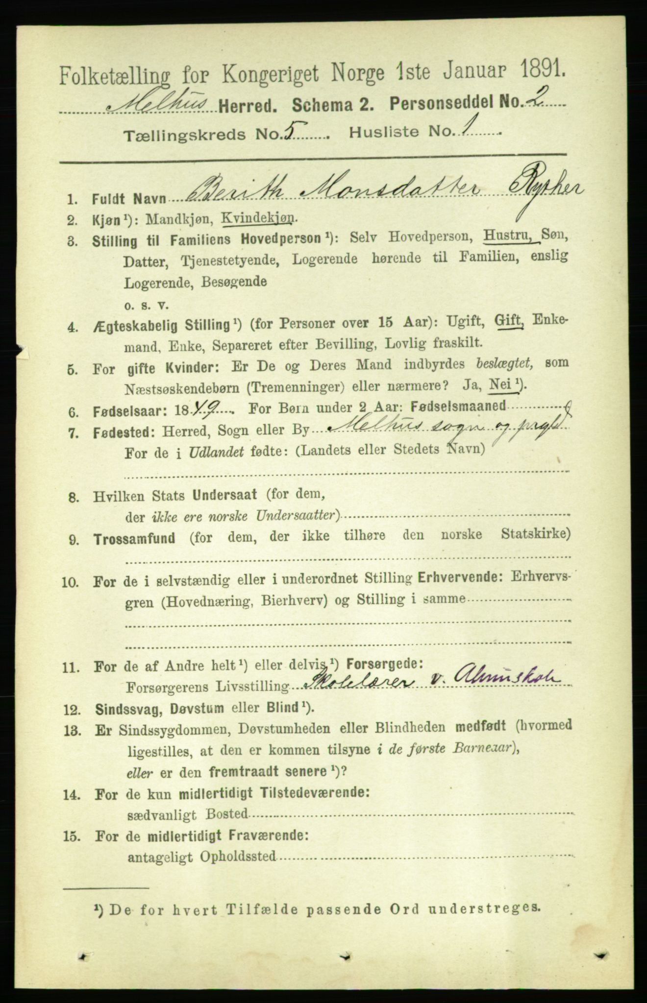 RA, 1891 census for 1653 Melhus, 1891, p. 2434