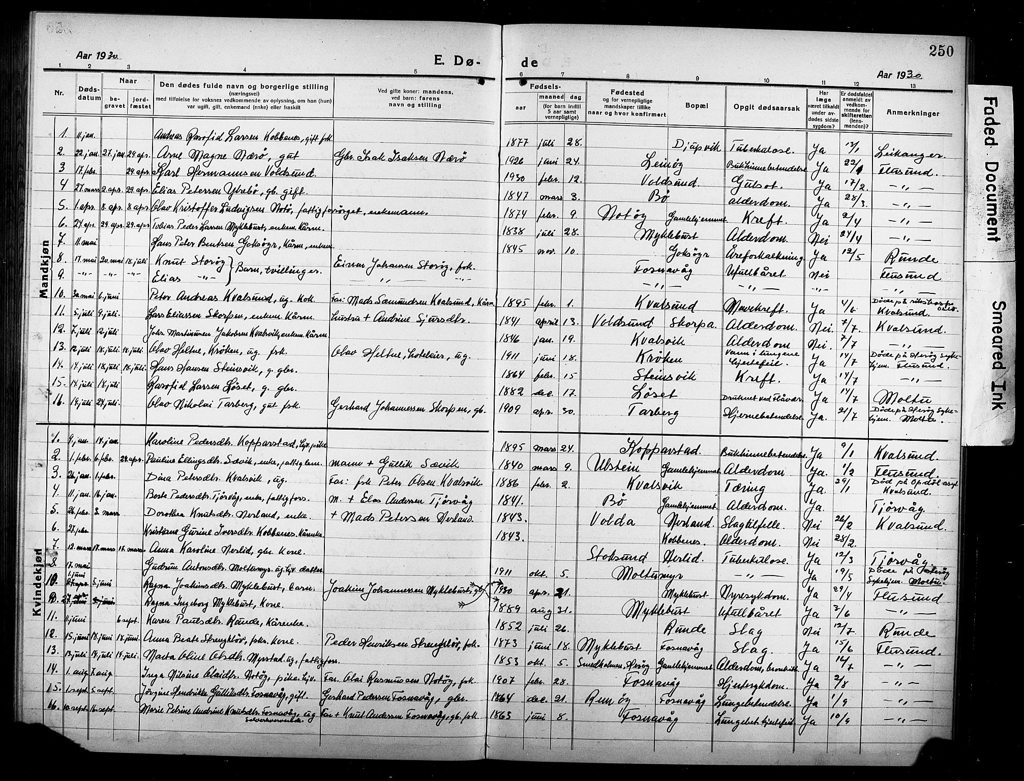 Ministerialprotokoller, klokkerbøker og fødselsregistre - Møre og Romsdal, AV/SAT-A-1454/507/L0084: Parish register (copy) no. 507C07, 1919-1932, p. 250