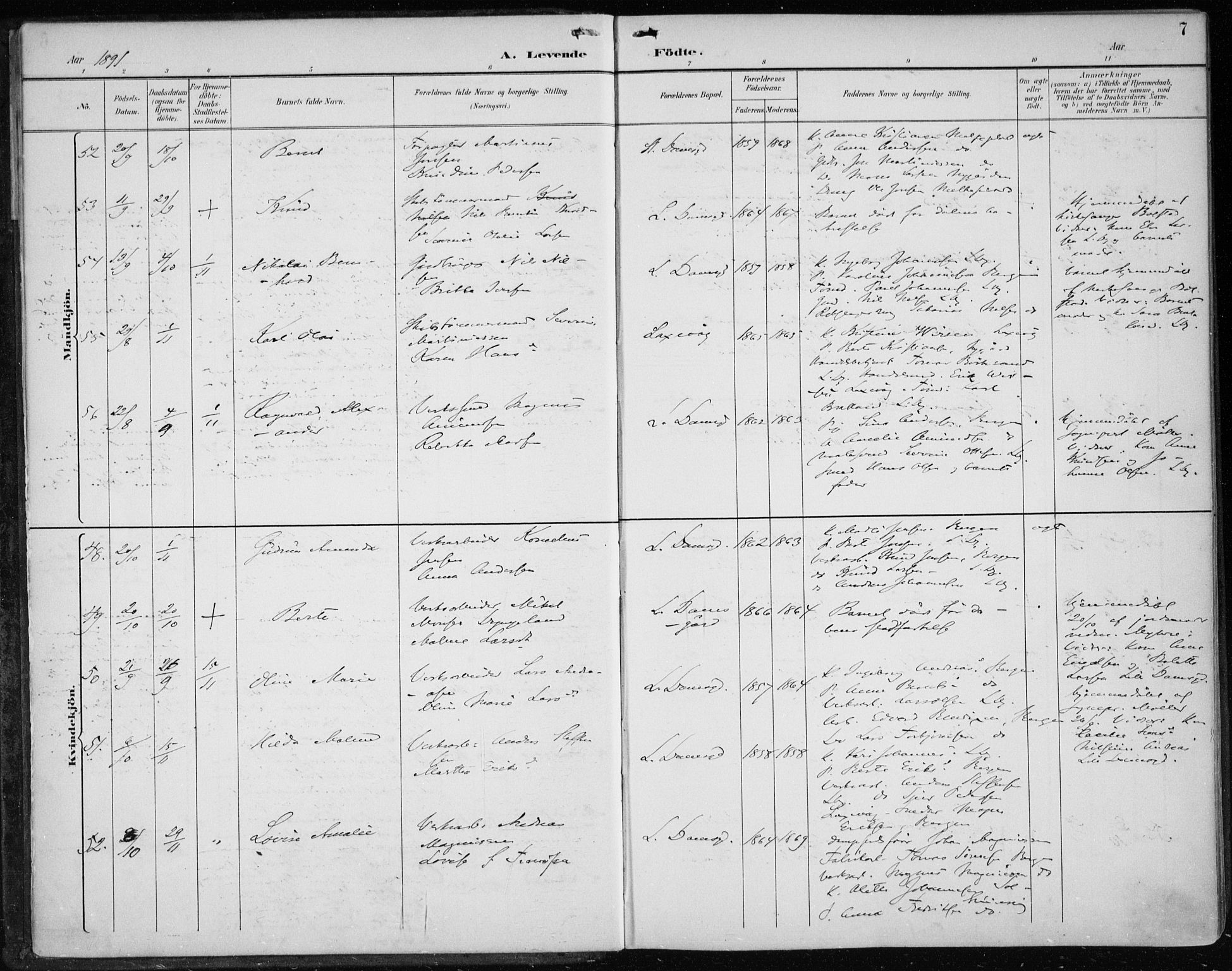 Askøy Sokneprestembete, AV/SAB-A-74101/H/Ha/Haa/Haae/L0003: Parish register (official) no. E 3, 1891-1903, p. 7